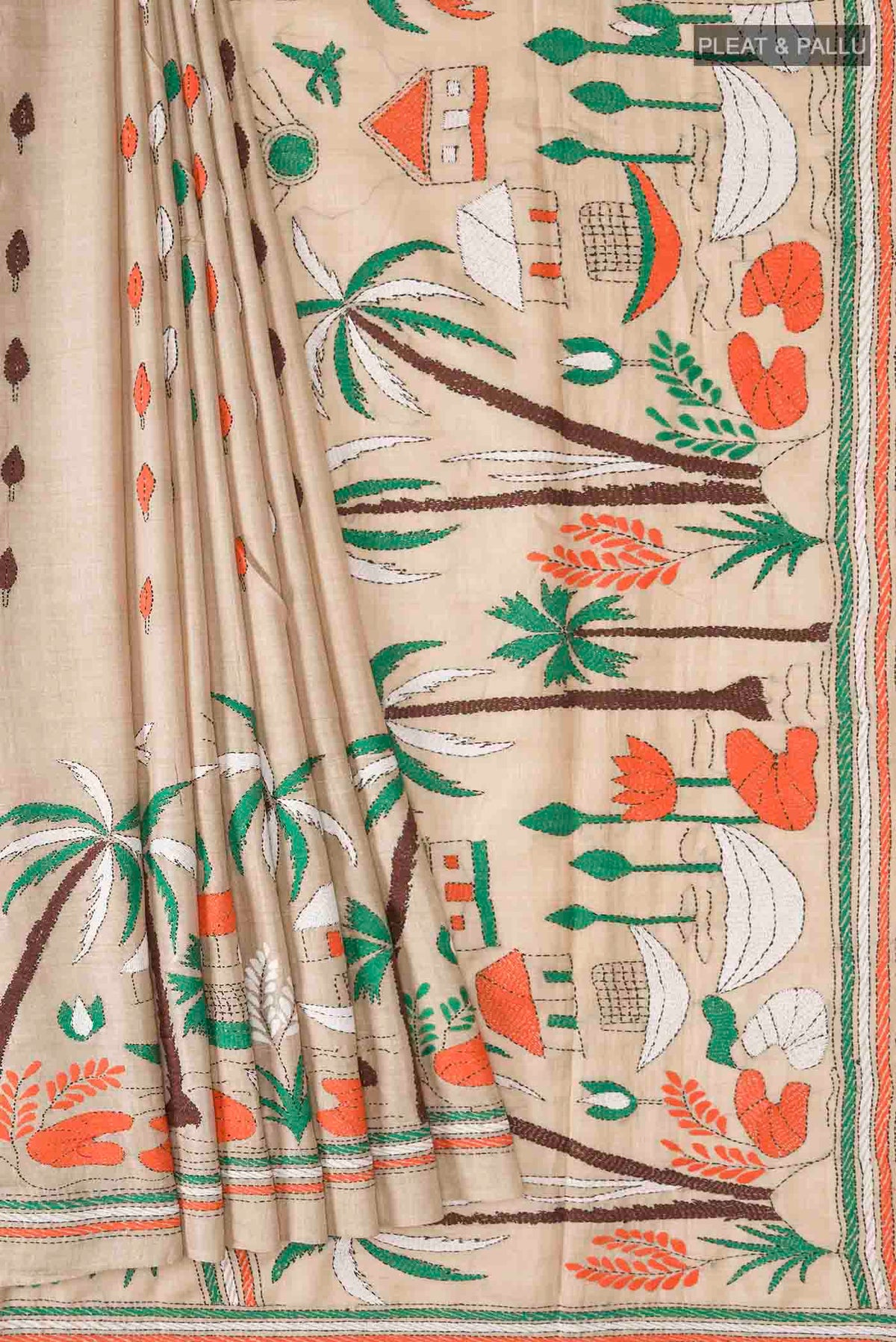 Pleats and pallu of Beige Bhagalpuri Tussar Silk Saree with Embroidery on the body and Embroidery Border