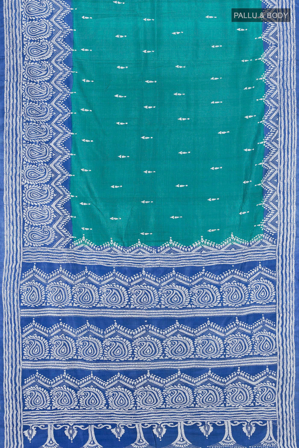 Flat view of Green Tussar Silk Saree with Kantha Work on the body and Embroidery Border. 