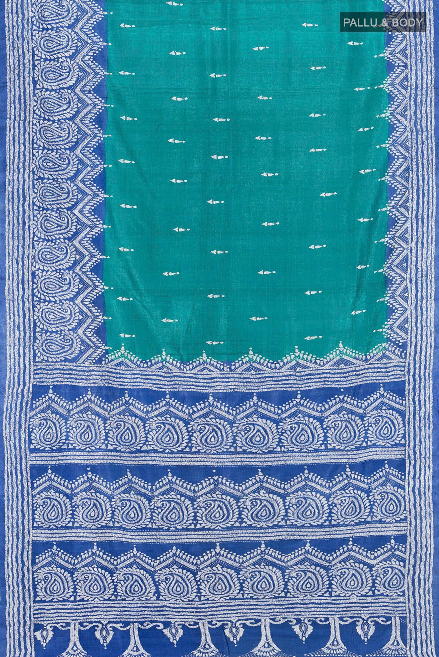 Flat view of Green Tussar Silk Saree with Kantha Work on the body and Embroidery Border. 