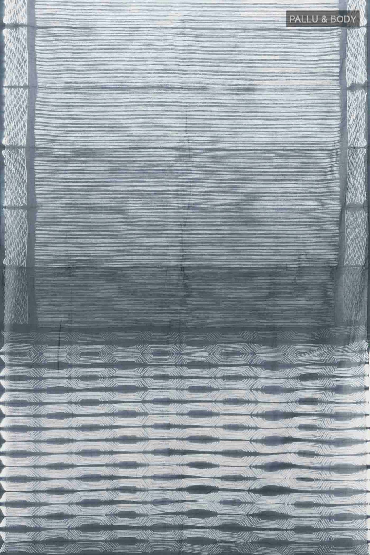 Flat view of Grey Maheshwari Silk Cotton Saree with Thread Butta on the body and Thread Border