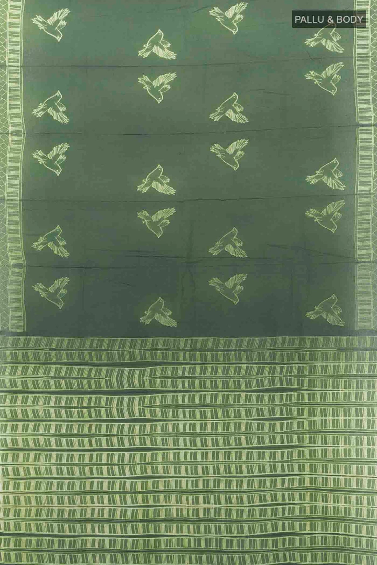 Flat view of Bottle Green Chanderi Silk Cotton Saree with Printed design on the body and Printed Border