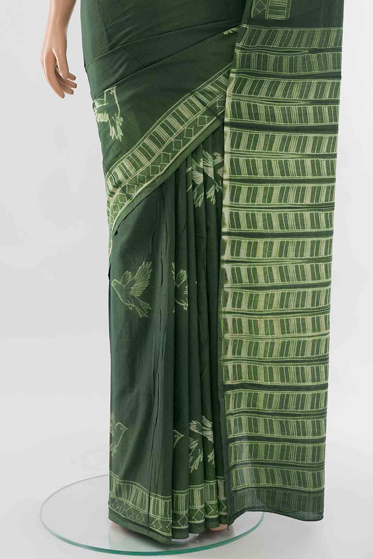 Pleats and pallu of Bottle Green Chanderi Silk Cotton Saree with Printed design on the body and Printed Border