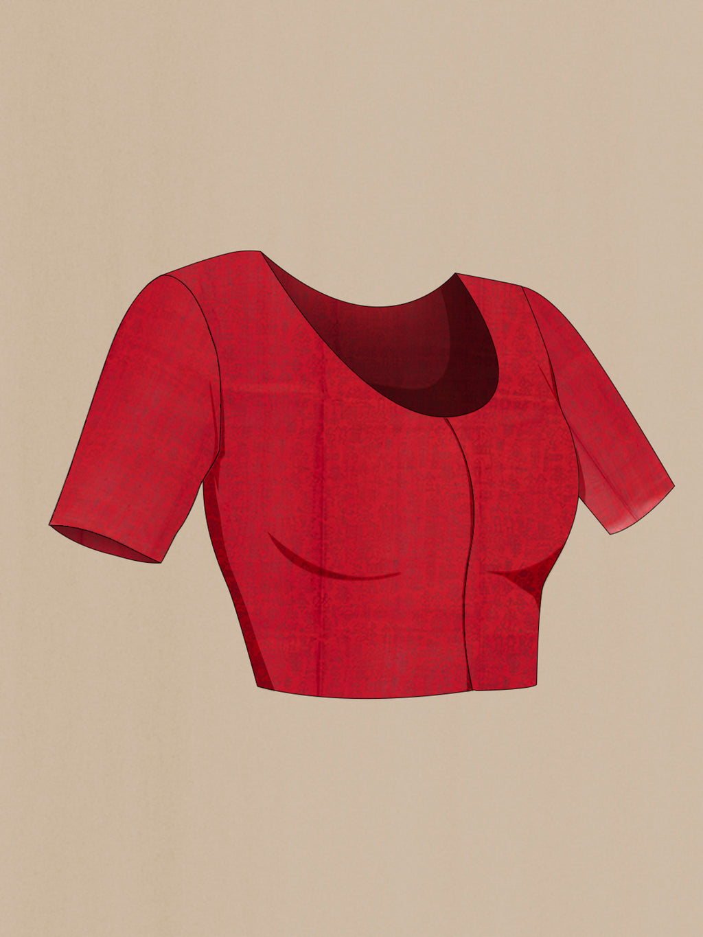 Close up image of the blouse of Red Tussar Silk Saree with Floral Print on the body and Printed Border. 