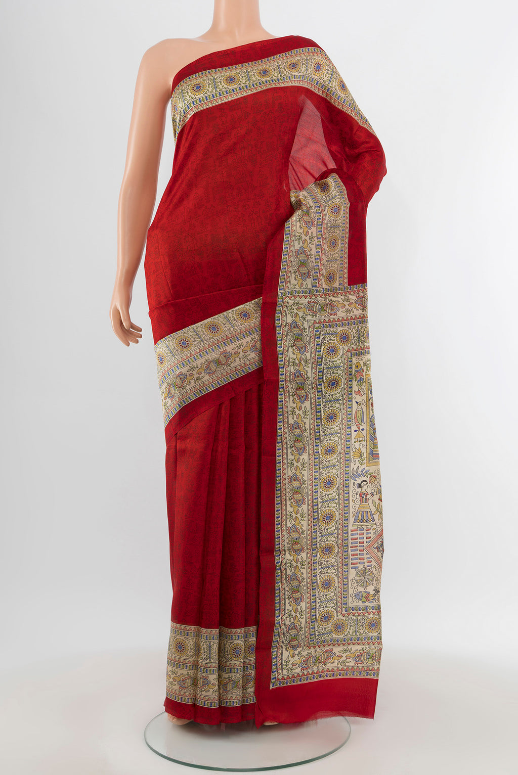 Red Tussar Silk Saree with Floral Print on the body and Printed Border.  displayed on a mannequin