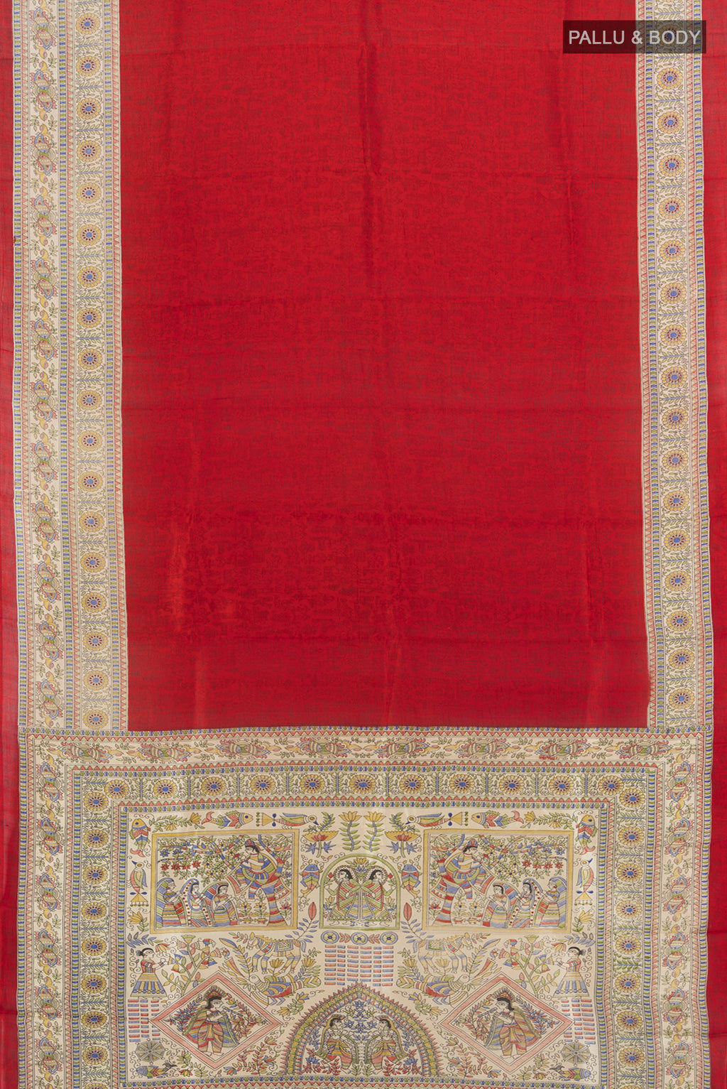 Flat view of Red Tussar Silk Saree with Floral Print on the body and Printed Border. 