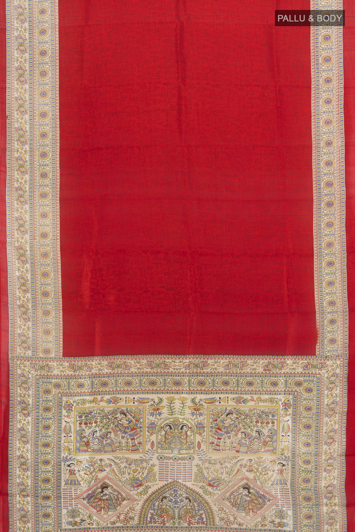 Flat view of Red Tussar Silk Saree with Floral Print on the body and Printed Border. 