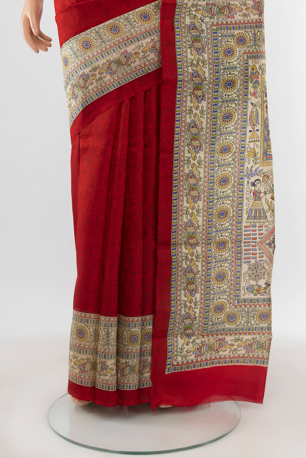 Pleats and pallu of Red Tussar Silk Saree with Floral Print on the body and Printed Border. 