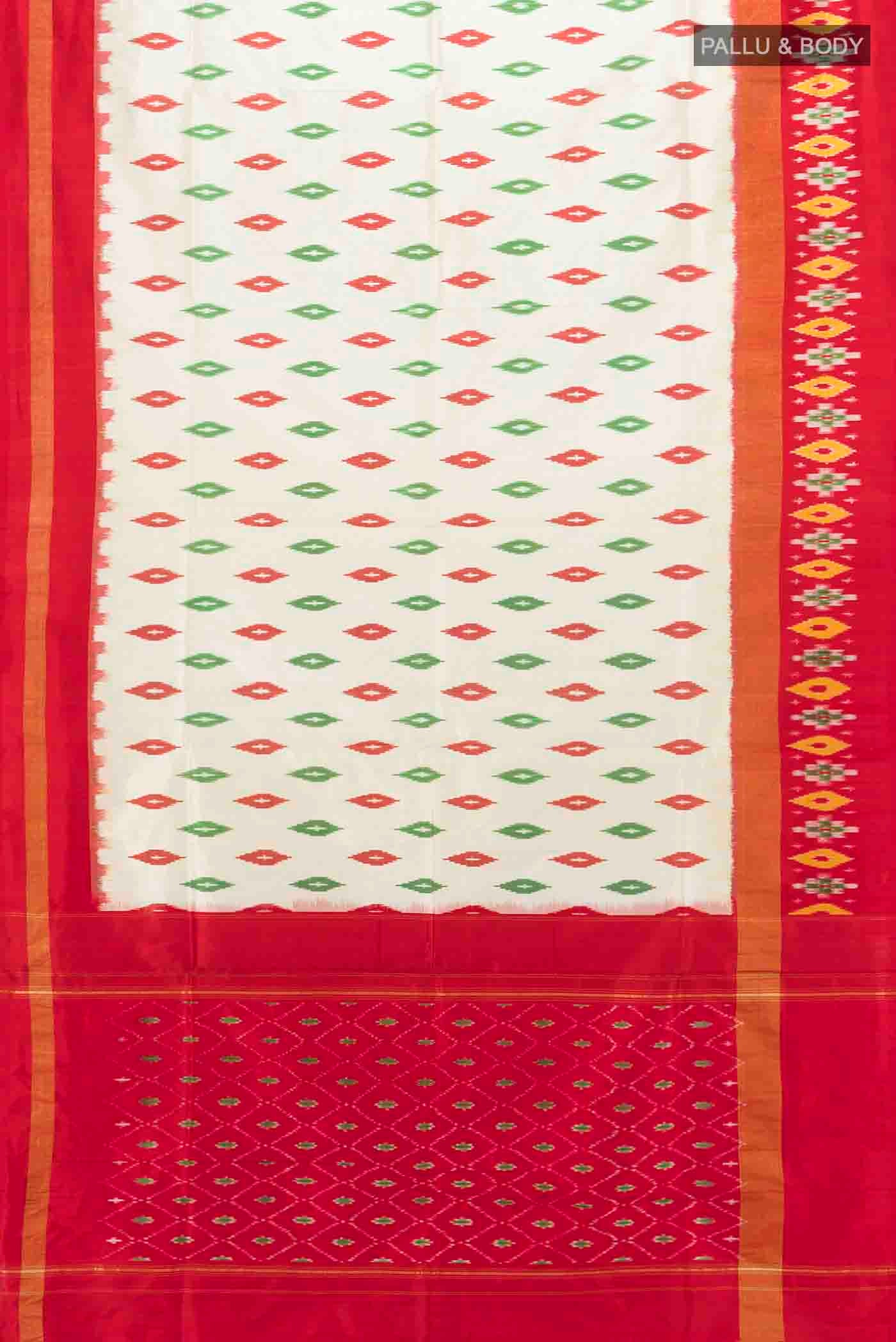 Flat view of Cream Pochampally Saree with Ikat Print on the body and Silk Border
