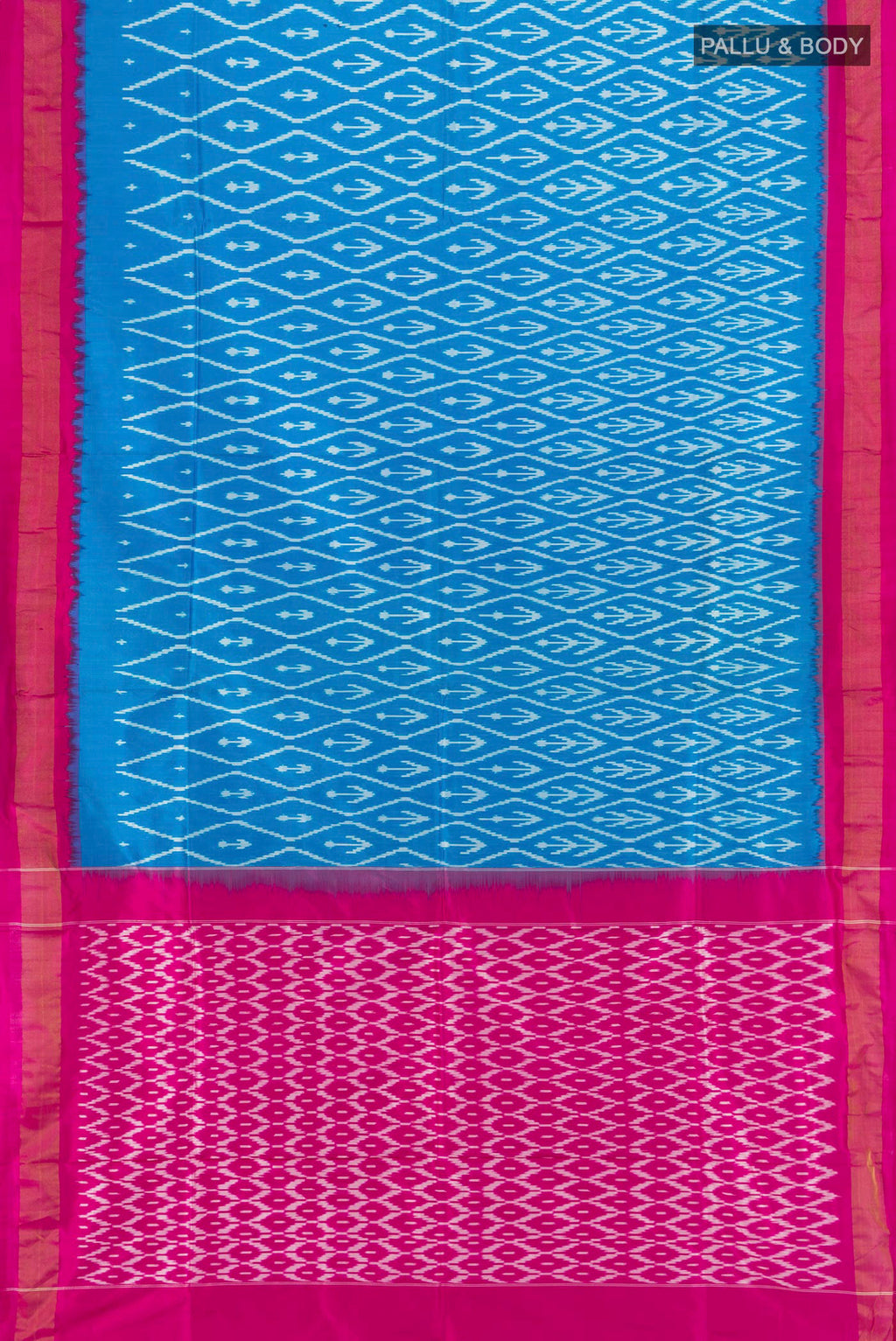 Flat view of Sky Blue Pochampally Silk Saree with Ikat design on the body and Zari Border. 
