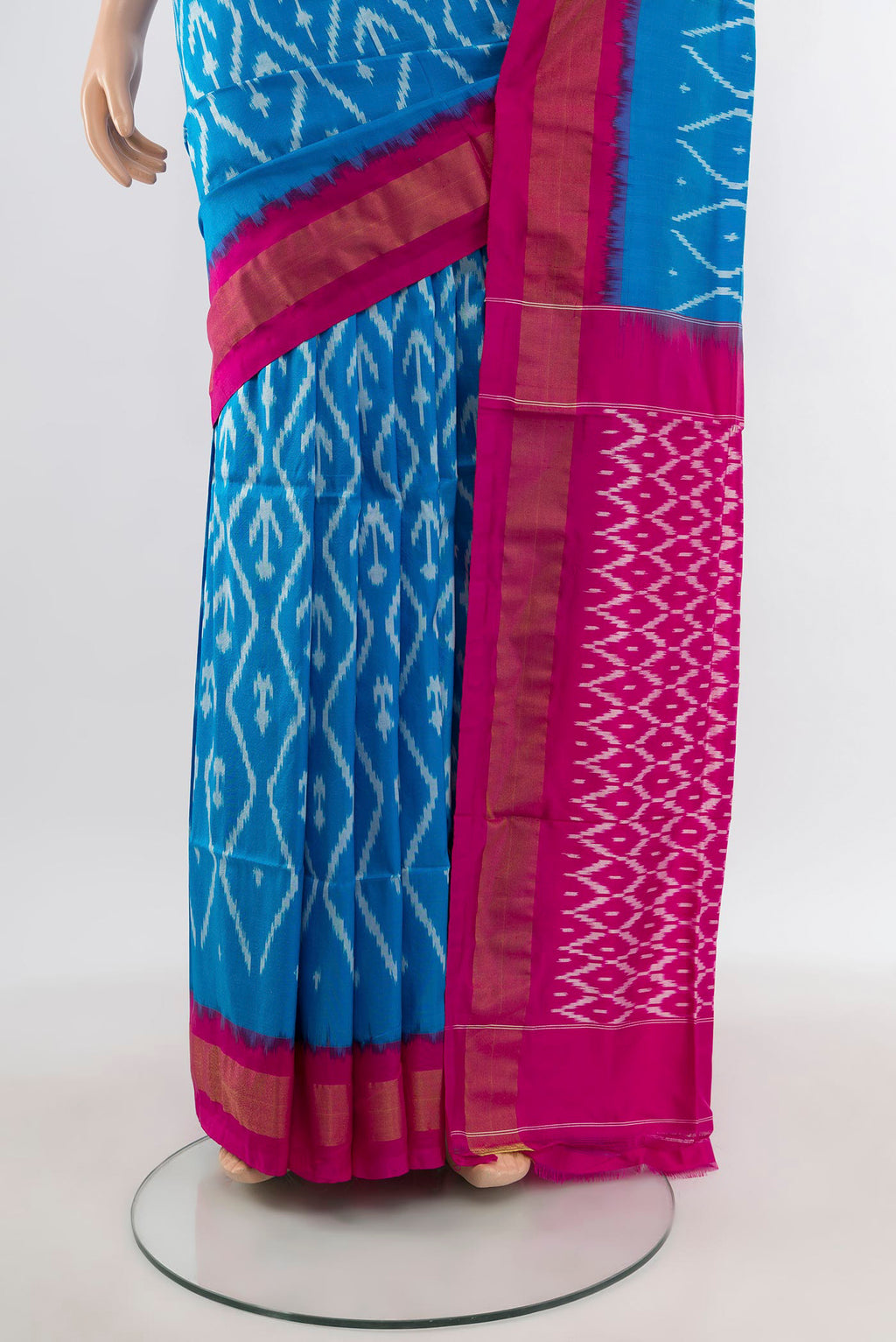 Pleats and pallu of Sky Blue Pochampally Silk Saree with Ikat design on the body and Zari Border. 