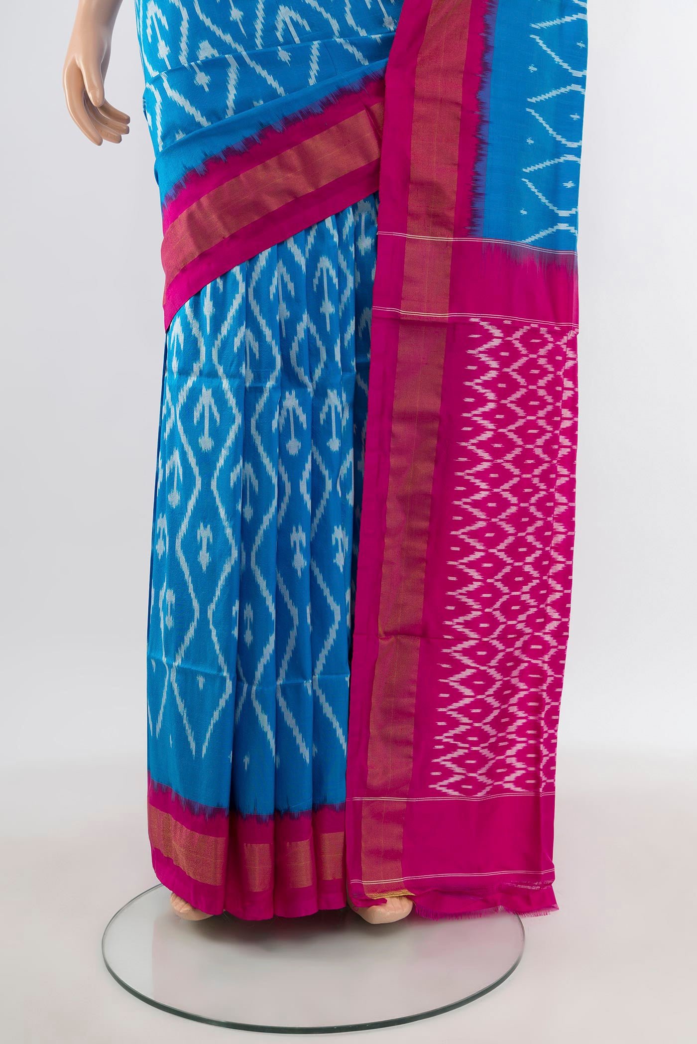 Pleats and pallu of Sky Blue Pochampally Silk Saree with Ikat design on the body and Zari Border. 
