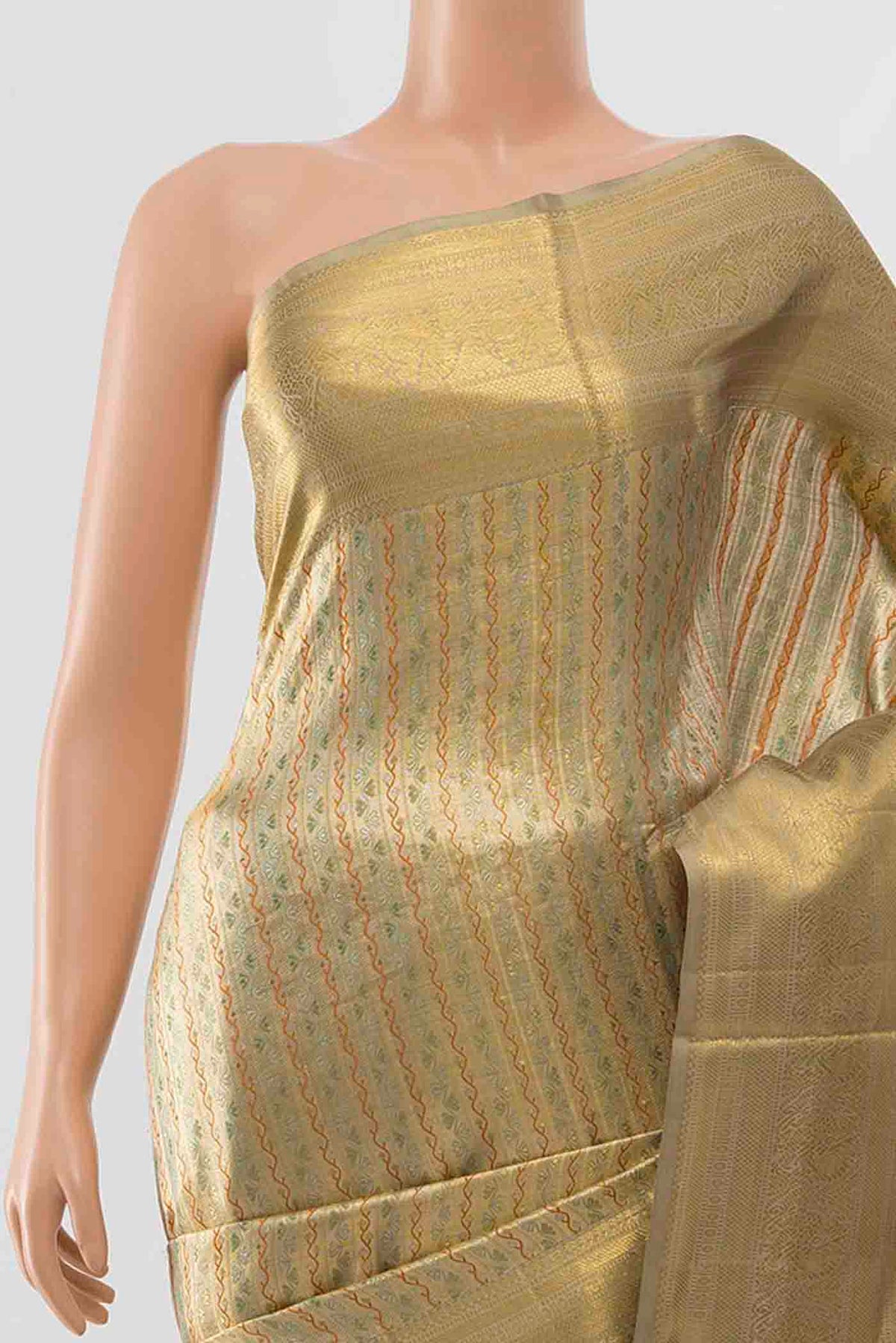 Border image of Golden Kanchipuram Silk Saree with Zari Brocade on the body and Silk Border