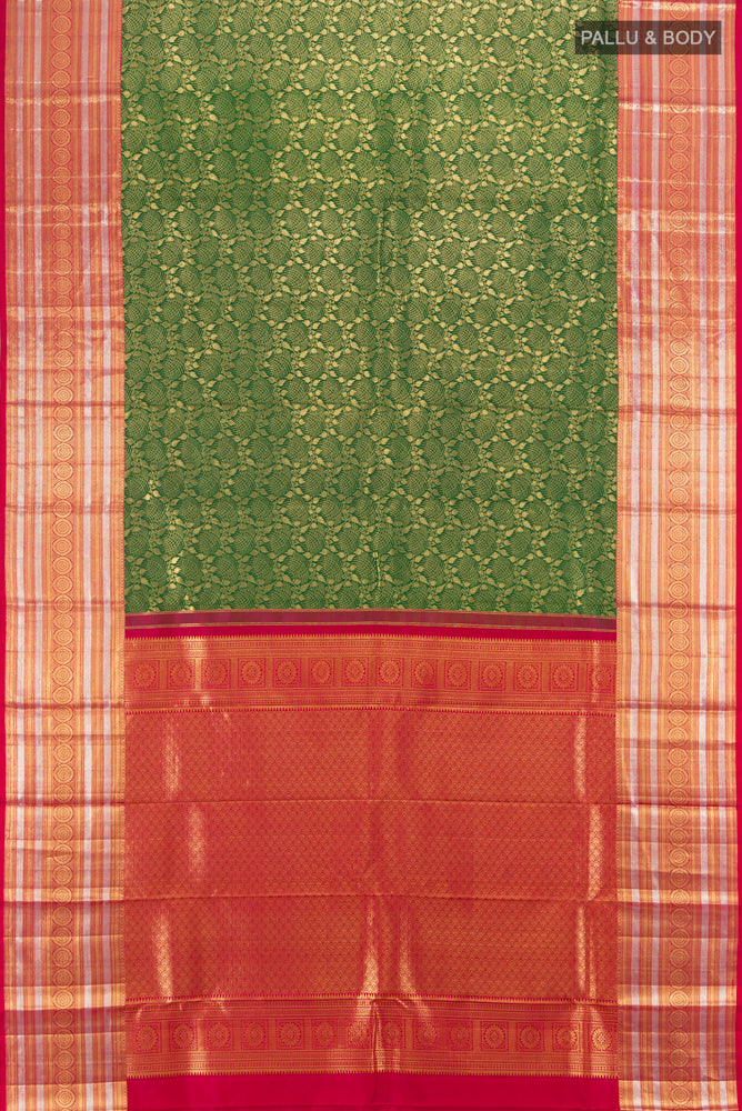 Flat view of Pure Silk Pure Zari Bottle Green Kanchipuram Saree with Zari Butta on the body and Silk Border. 