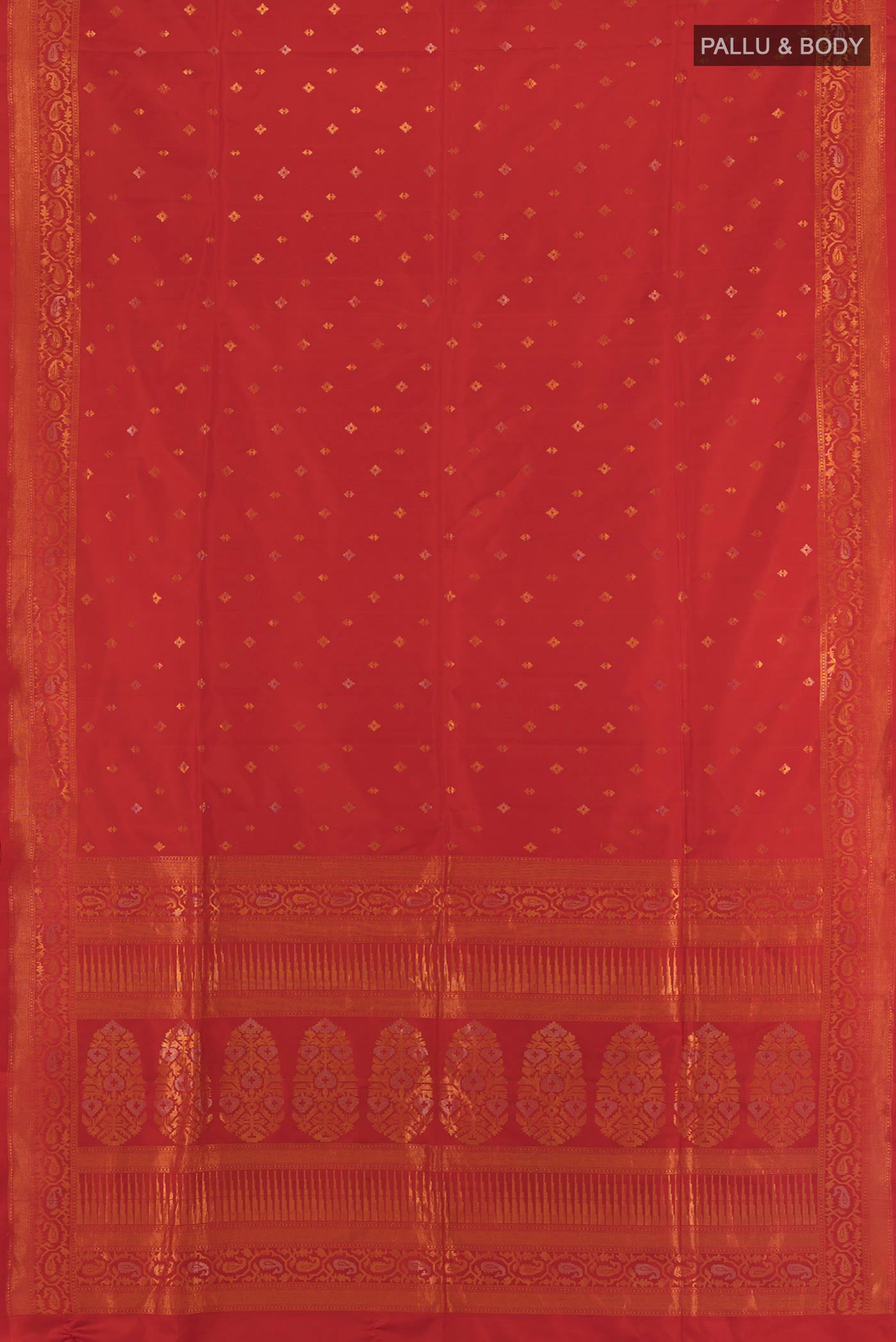Flat view of Red Soft Silk Saree with Zari Butta on the body and Zari Border. 