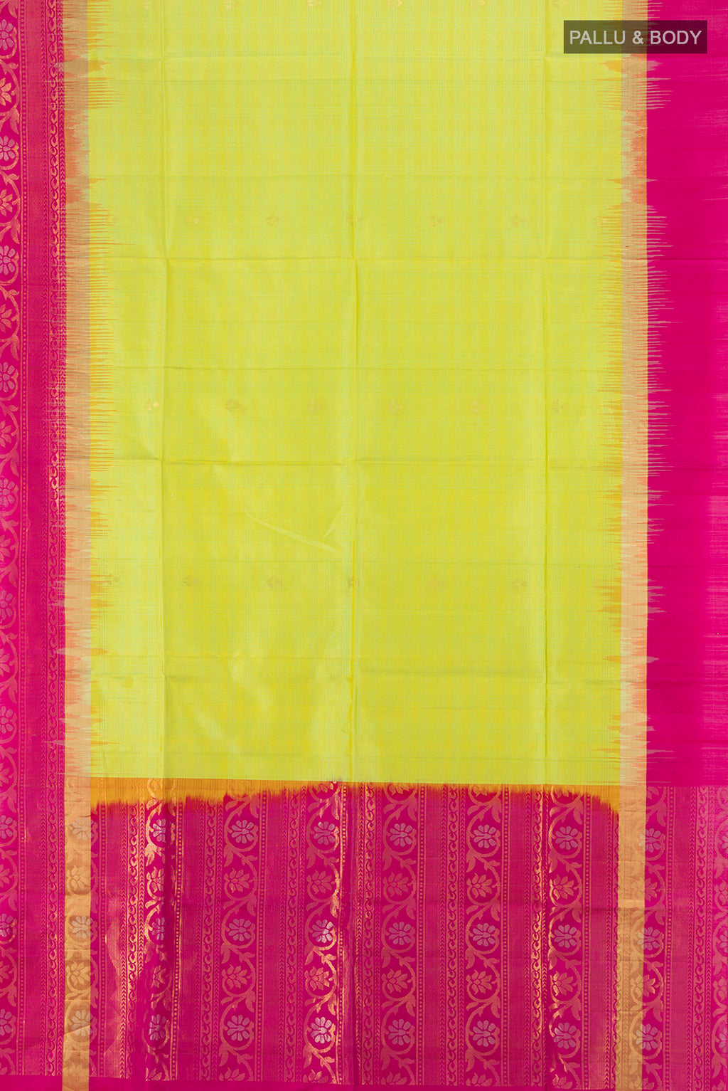 Flat view of Light Green Soft Silk Saree with Zari Butta on the body and Silk Border. 