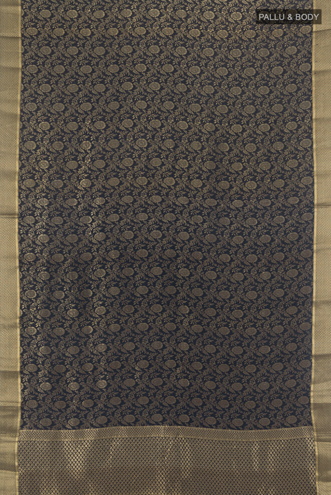 Flat view of Pure Silk Pure Zari Navy Blue Mysore Georgette Saree with Zari Butta on the body and Silk Border. 