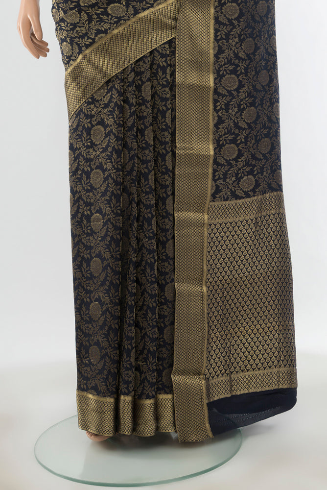 Pleats and pallu of Pure Silk Pure Zari Navy Blue Mysore Georgette Saree with Zari Butta on the body and Silk Border. 