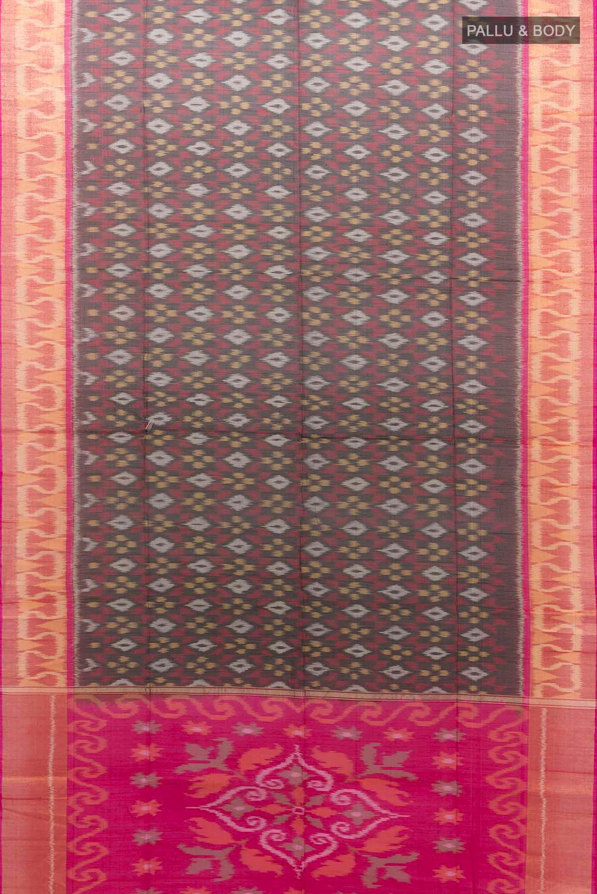 Flat view of Black Silk Cotton Saree with Zari Butta on the body and Silk Border