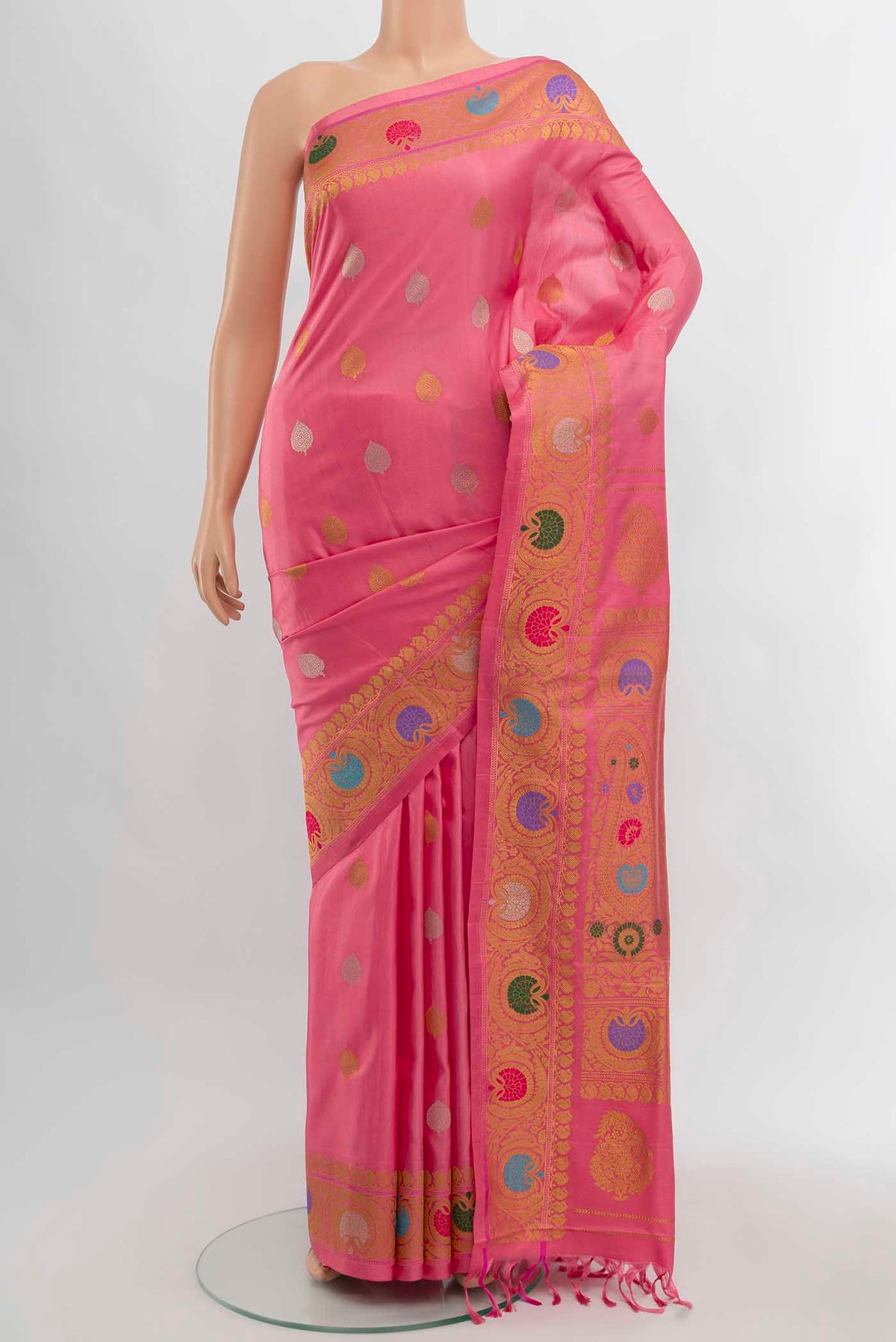 Rose pink Gadwal Silk Saree with Zari Butta on the body and Zari Border displayed on a mannequin