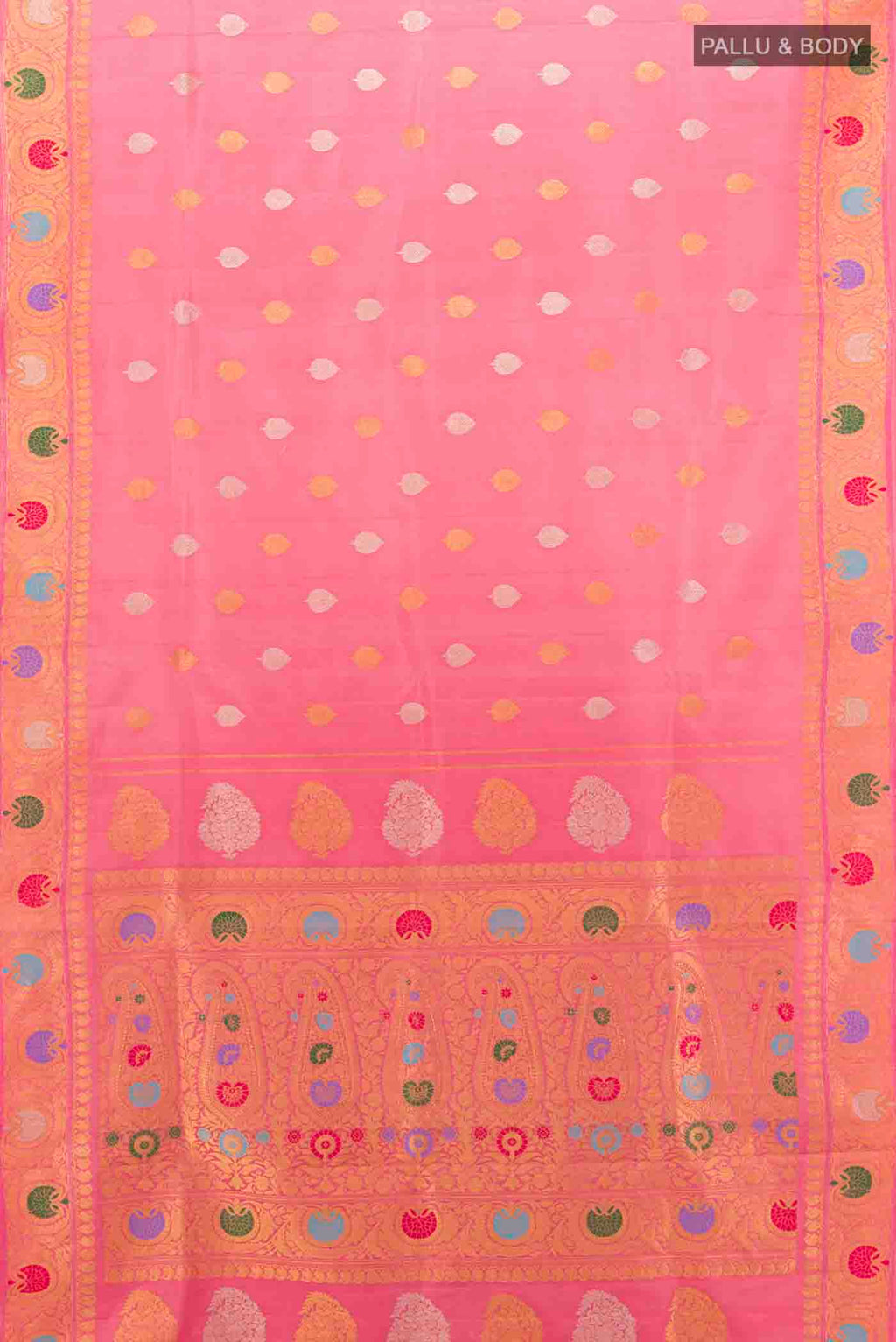 Flat view of Rose pink Gadwal Silk Saree with Zari Butta on the body and Zari Border