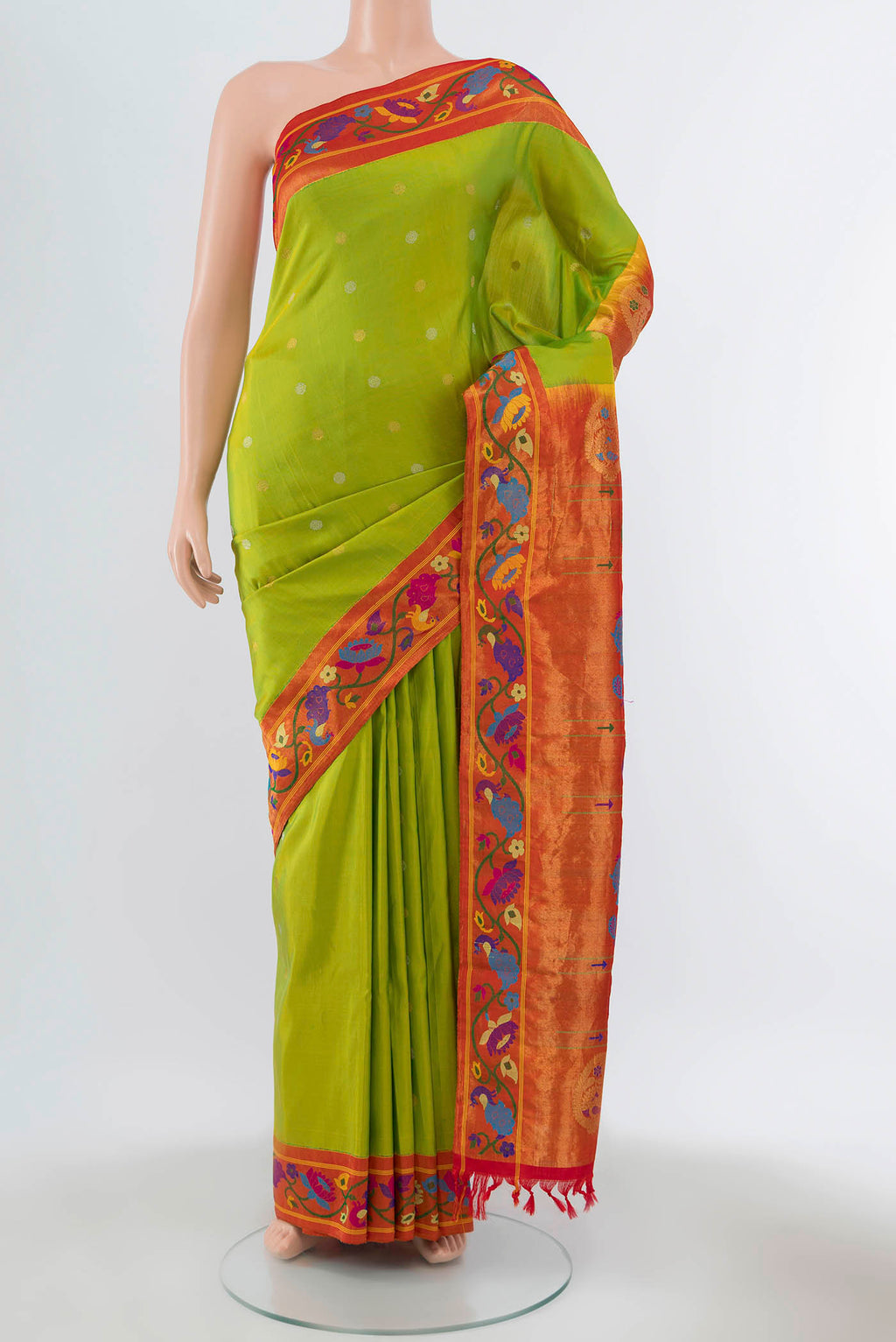 Pure Silk Pure Zari Parrot Green Gadwal Saree with Zari Butta on the body and Paithani Border displayed on a mannequin
