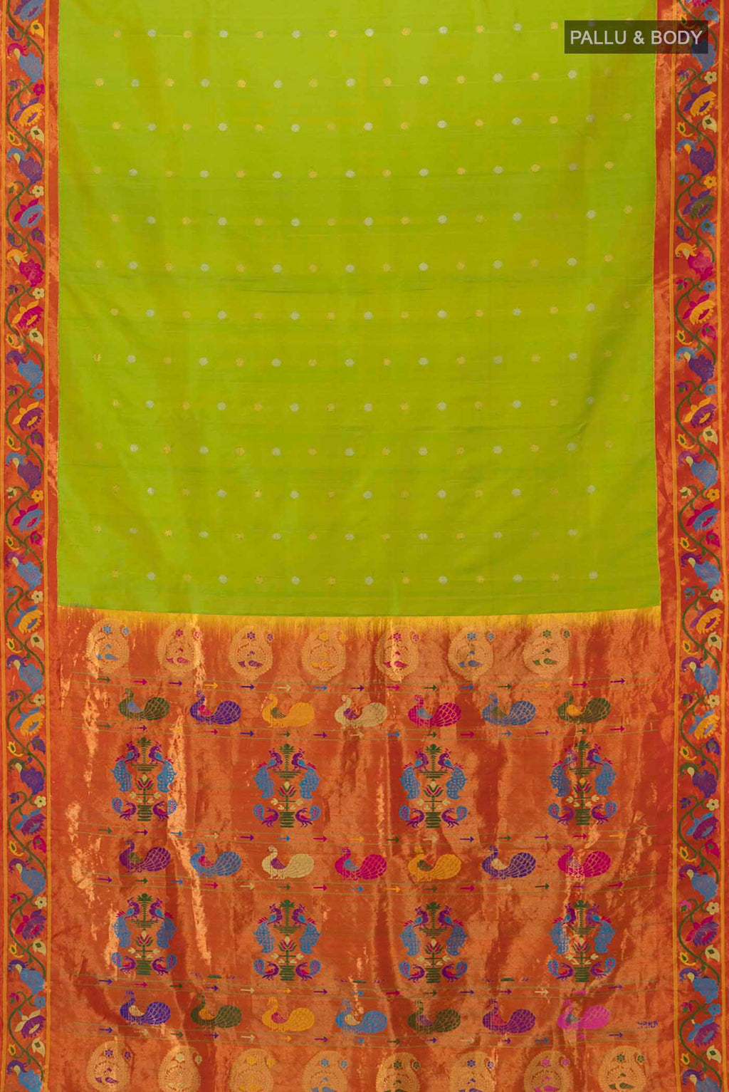 Flat view of Pure Silk Pure Zari Parrot Green Gadwal Saree with Zari Butta on the body and Paithani Border