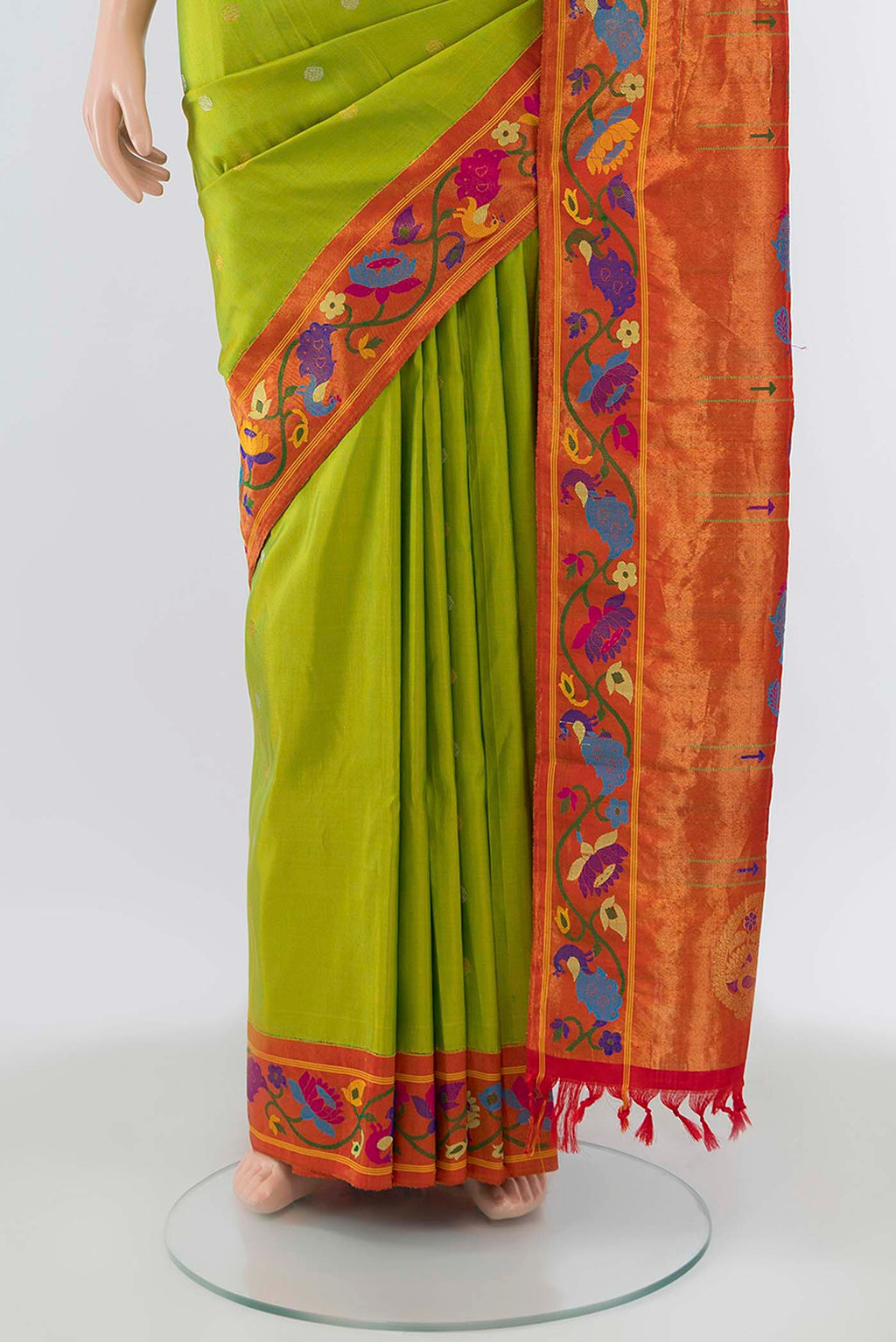Pleats and pallu of Pure Silk Pure Zari Parrot Green Gadwal Saree with Zari Butta on the body and Paithani Border