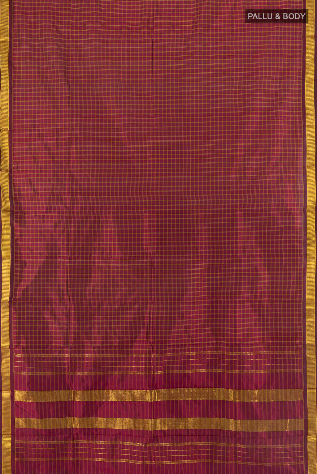 Flat view of Pure Silk Maroon Kanjivaram Saree with Checked design on the body and Zari Border. 