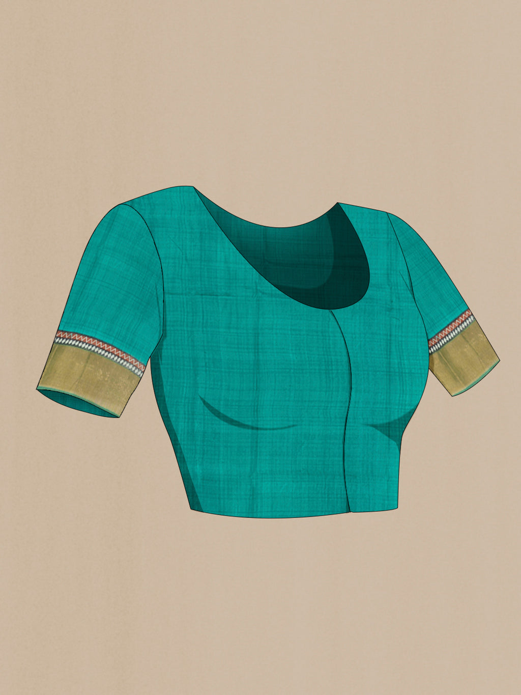 Close up image of the blouse of Multi Color Tussar Silk Saree with Printed design on the body and Zari Border. 