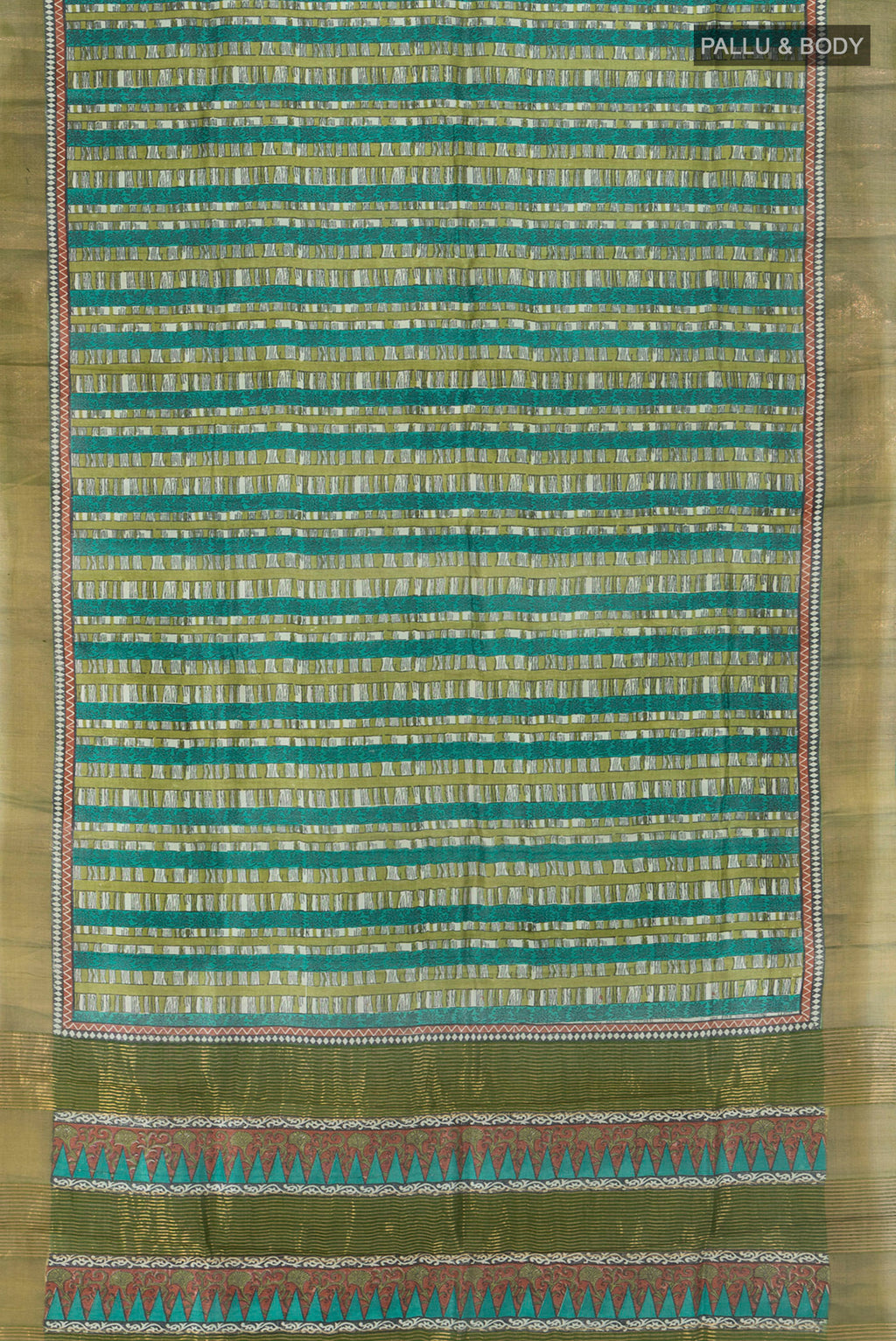 Flat view of Multi Color Tussar Silk Saree with Printed design on the body and Zari Border. 