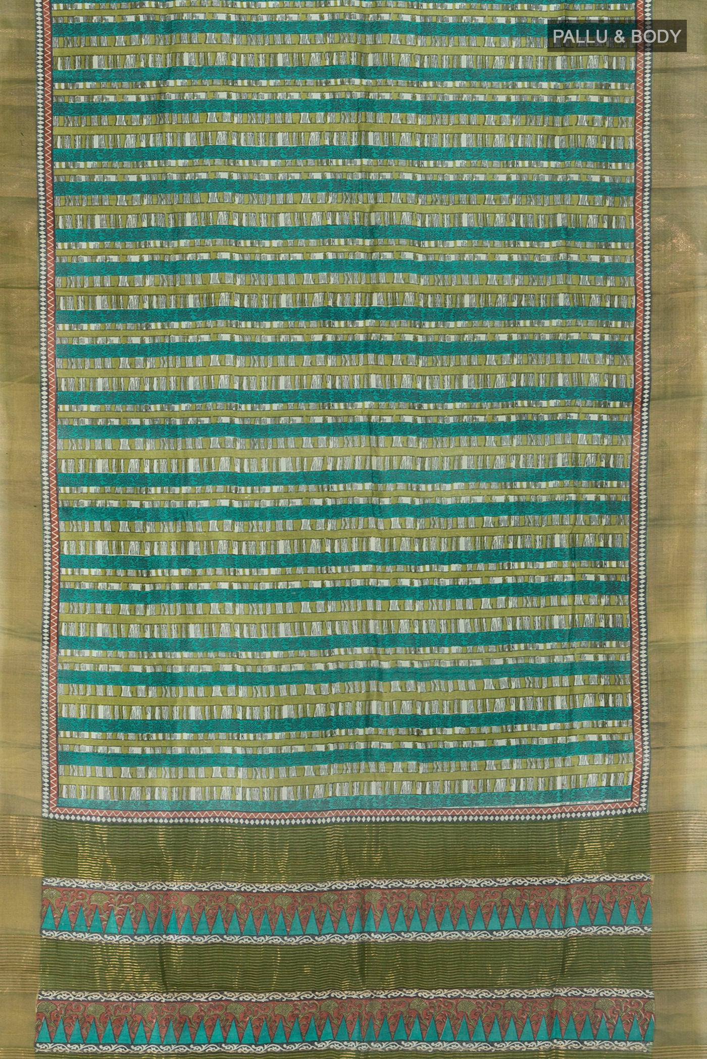 Flat view of Multi Color Tussar Silk Saree with Printed design on the body and Zari Border. 
