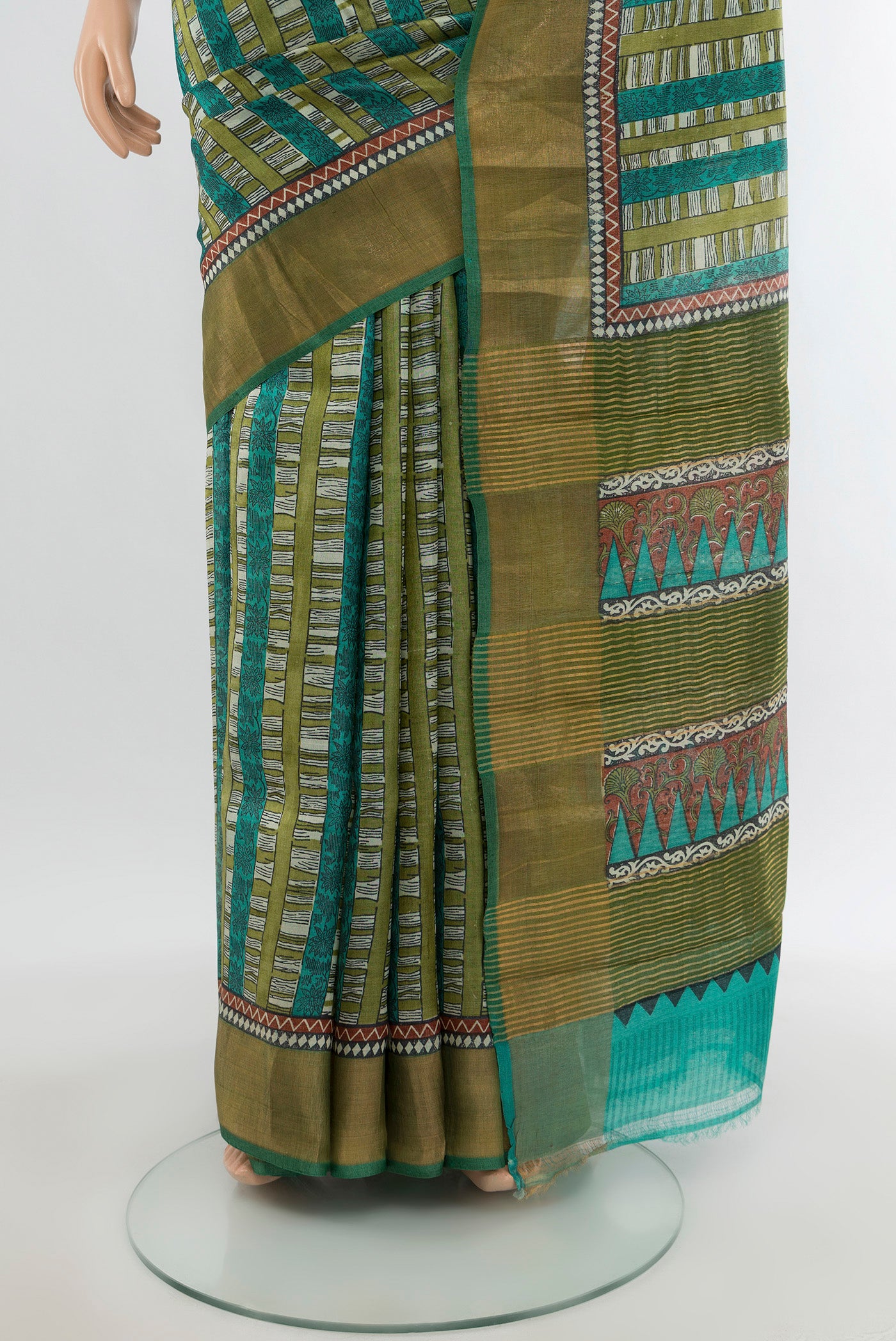 Pleats and pallu of Multi Color Tussar Silk Saree with Printed design on the body and Zari Border. 