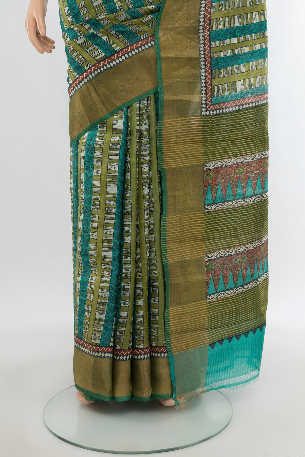 Pleats and pallu of Multi Color Tussar Silk Saree with Printed design on the body and Zari Border. 