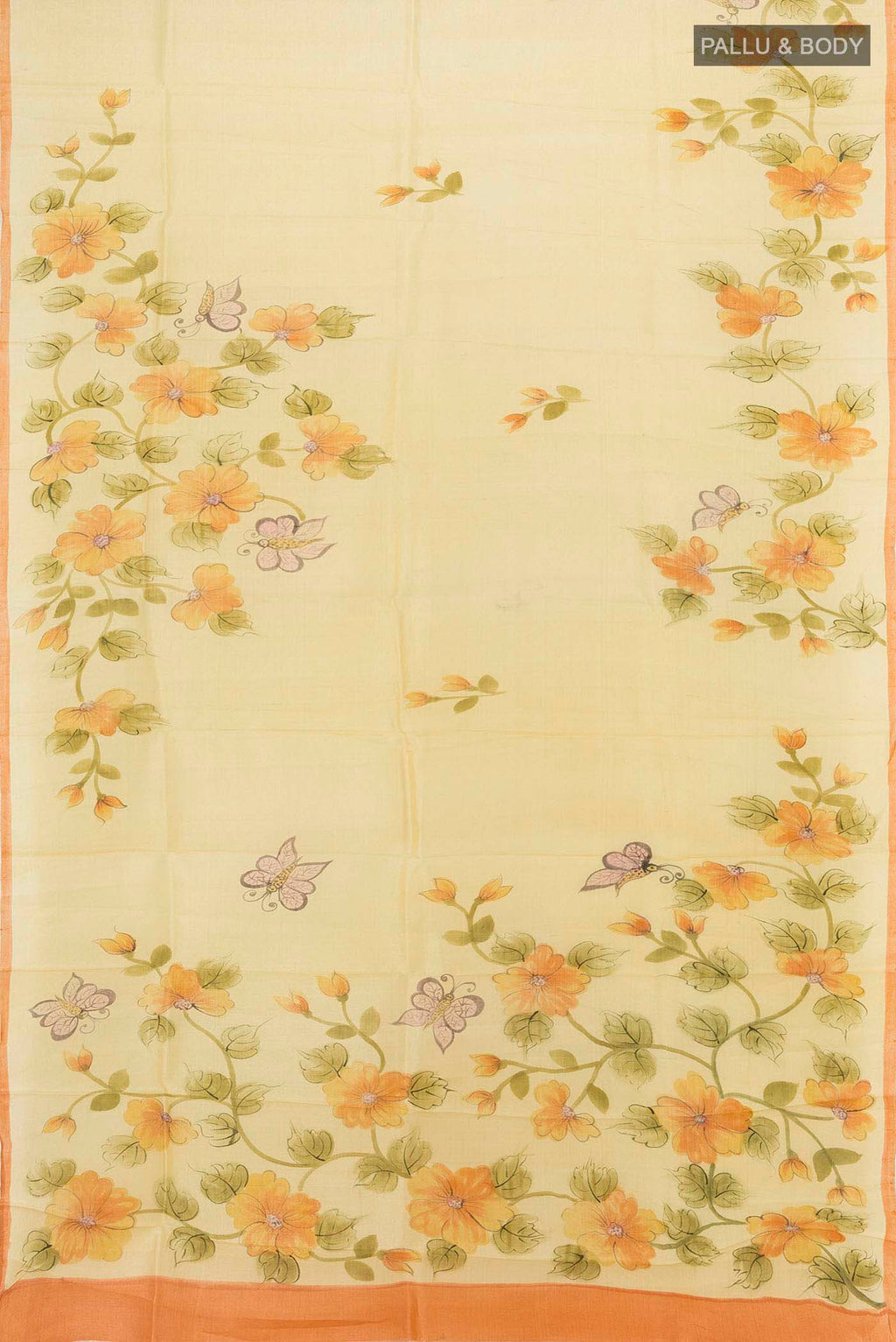 Flat view of Cream Tussar Silk Saree with Floral Print on the body and Fancy Border. 