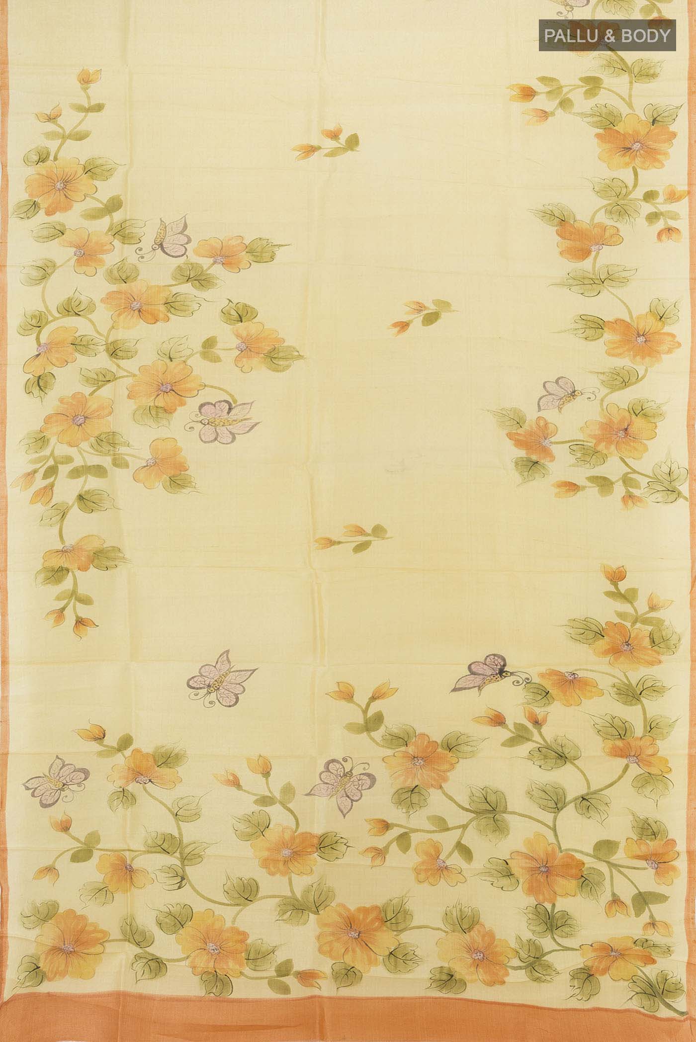 Flat view of Cream Tussar Silk Saree with Floral Print on the body and Fancy Border. 