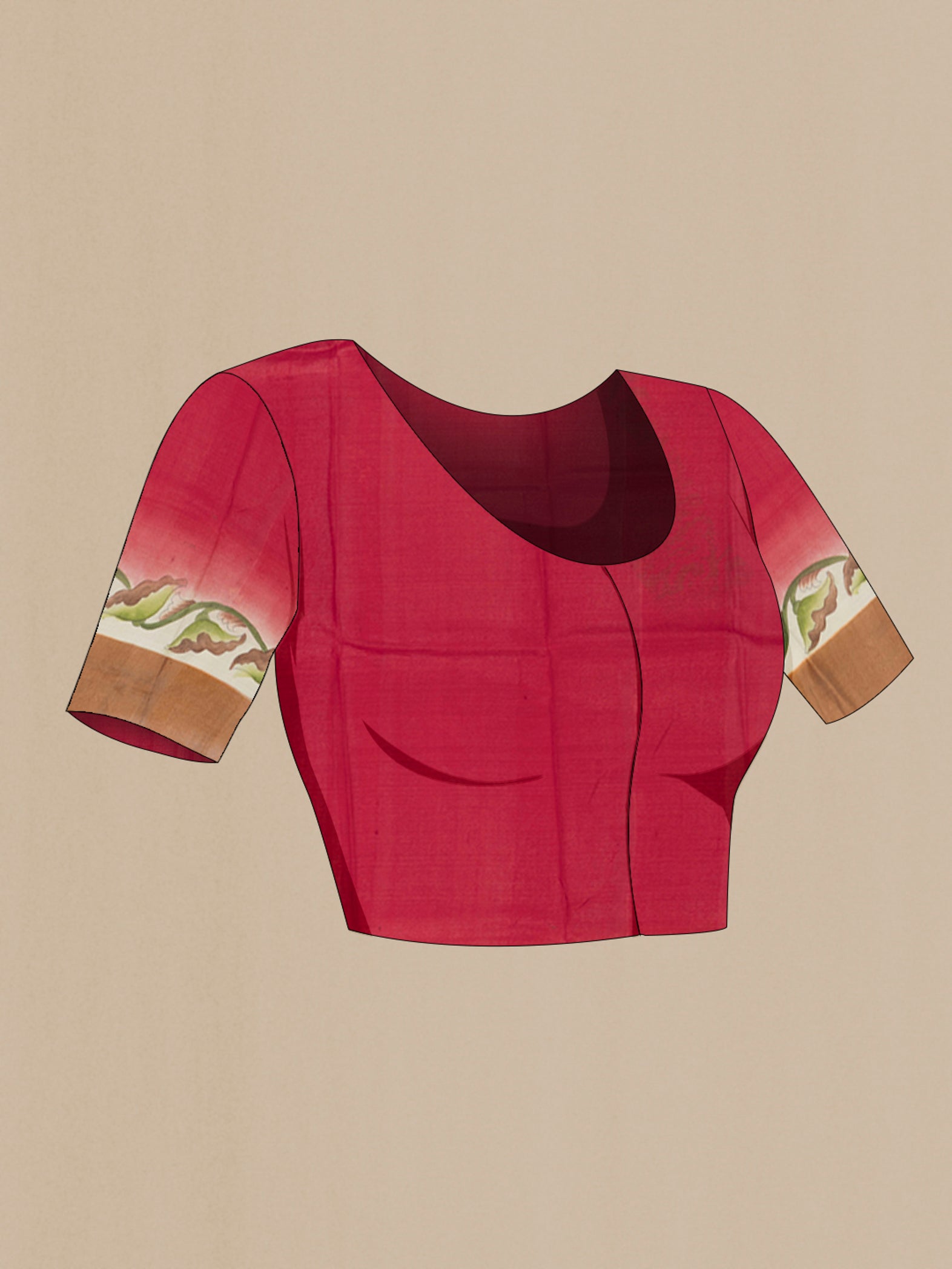 Close up image of the blouse of Maroon Tussar Silk Saree with Floral Print on the body and Zari Border. 