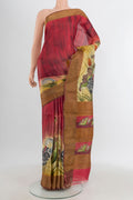 Maroon Tussar Silk Saree with Floral Print on the body and Zari Border.  displayed on a mannequin