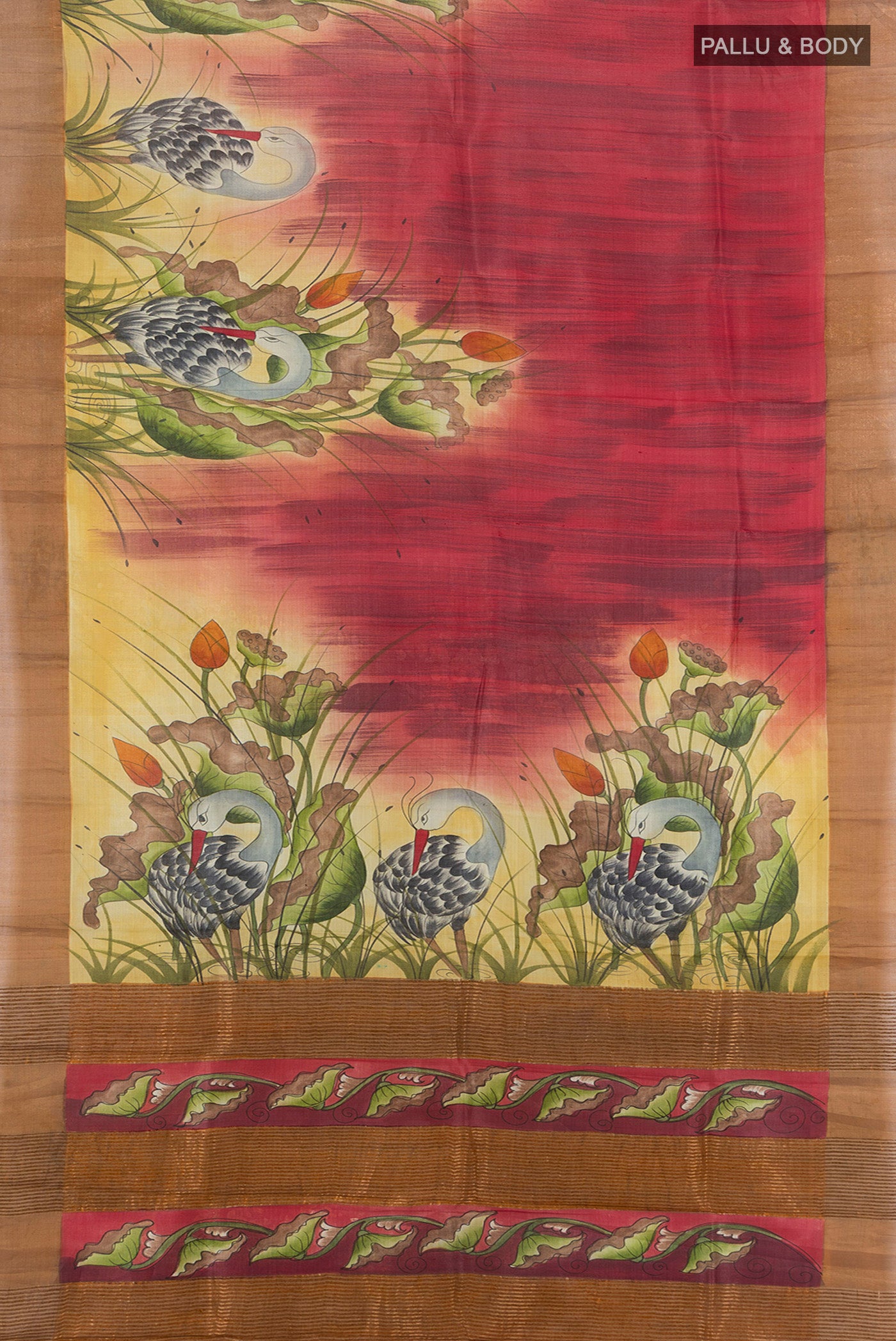 Flat view of Maroon Tussar Silk Saree with Floral Print on the body and Zari Border. 