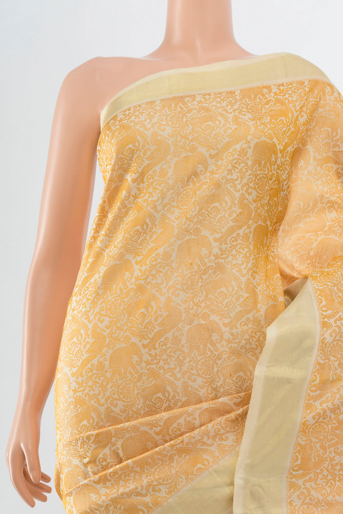 Border image of Golden Kanchipuram Silk Saree with Zari Butta on the body and Silk Border. 