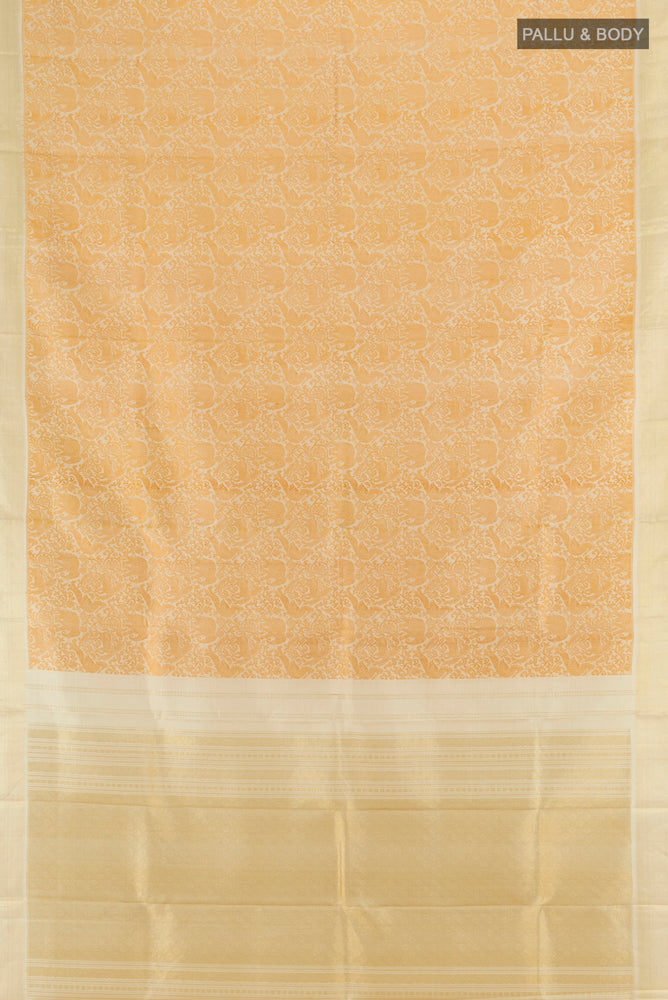 Flat view of Golden Kanchipuram Silk Saree with Zari Butta on the body and Silk Border. 