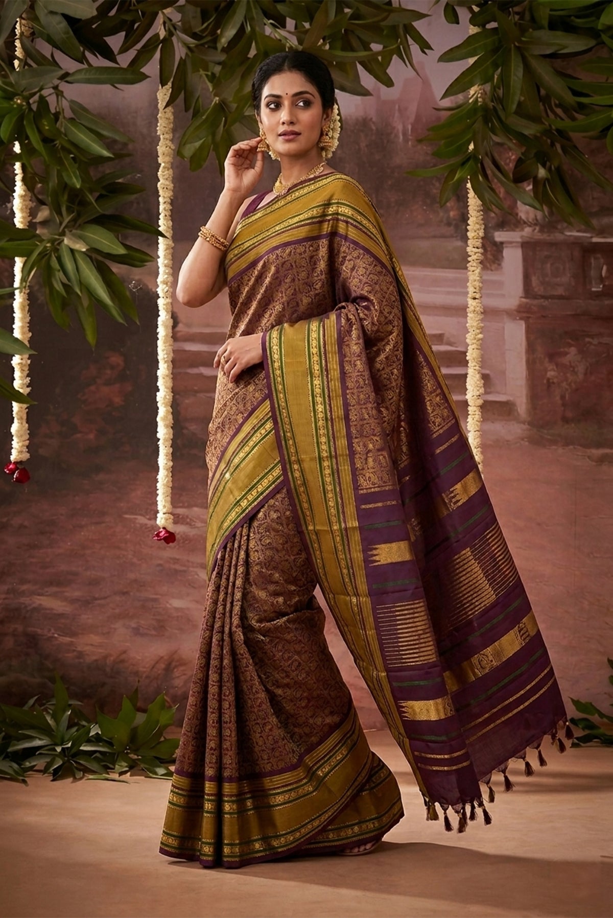 Model wearing a Burgundy Kanchipuram Silk Saree with Zari Brocade on the body and Zari Border.