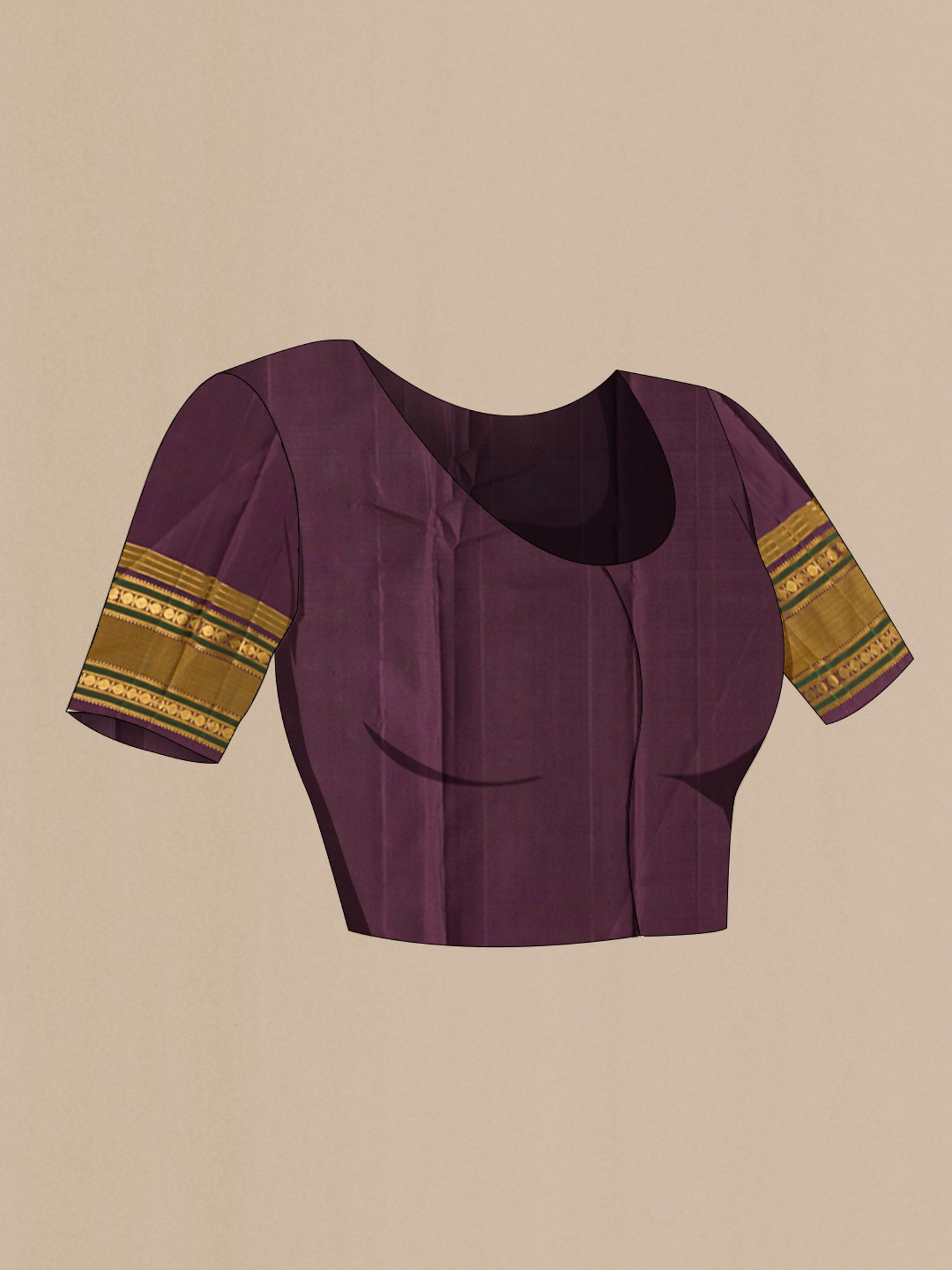 Close up image of the blouse of Burgundy Kanchipuram Silk Saree with Zari Brocade on the body and Zari Border