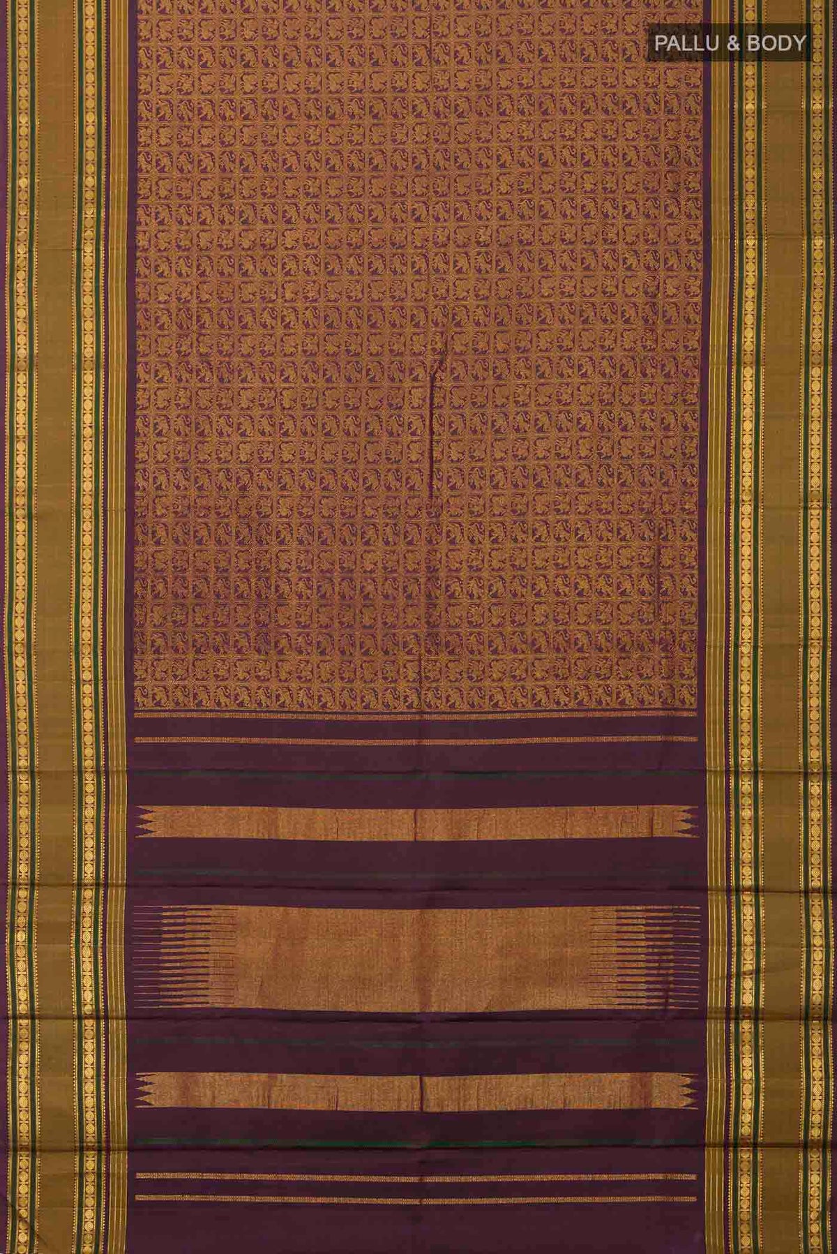 Flat view of Burgundy Kanchipuram Silk Saree with Zari Brocade on the body and Zari Border