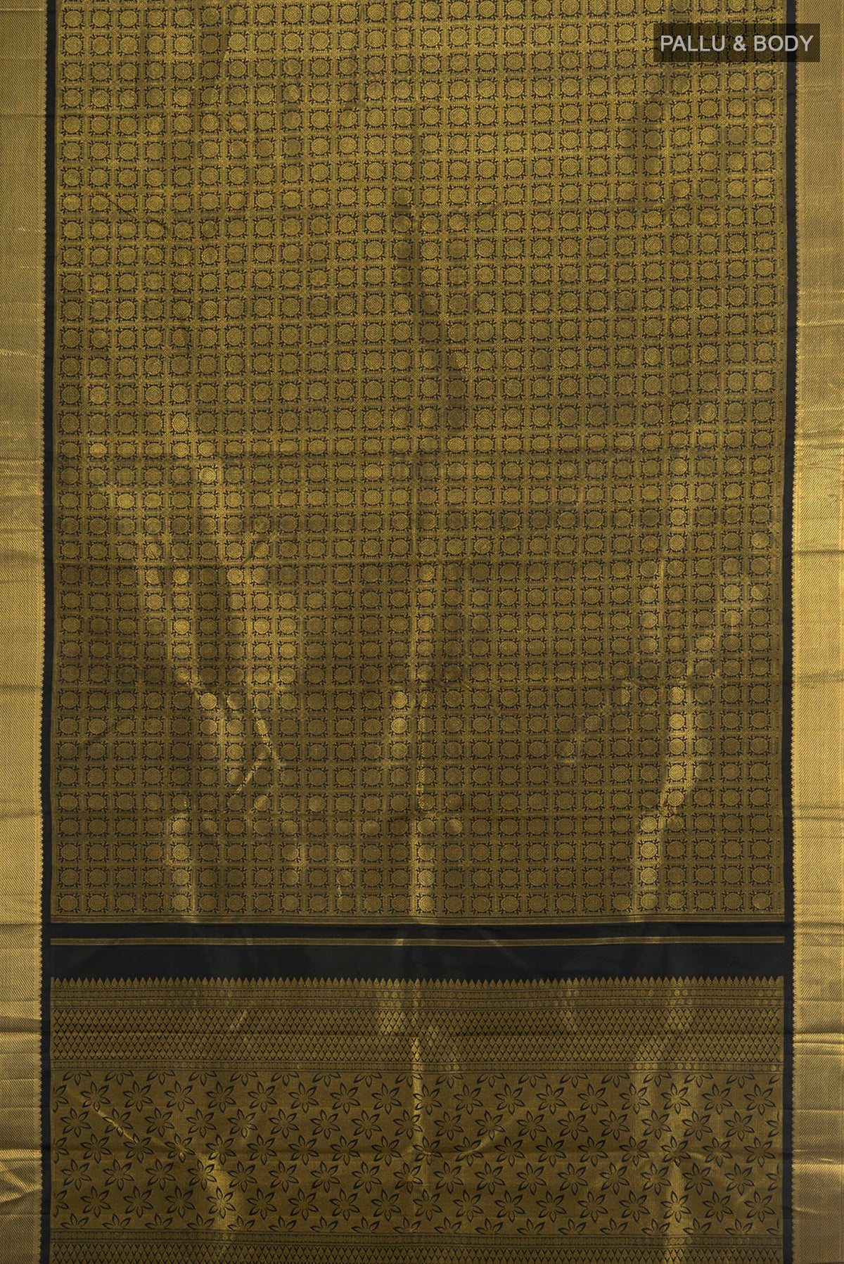 Flat view of Pure Silk Pure Zari Black Kanjivaram Saree with Zari Brocade on the body and Zari Border. 