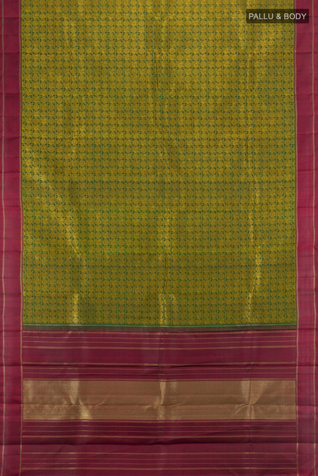 Flat view of Pure Silk Pure Zari Bottle Green Kanchipuram Saree with Jacquard With Thread Butta on the body and Plain Border. 