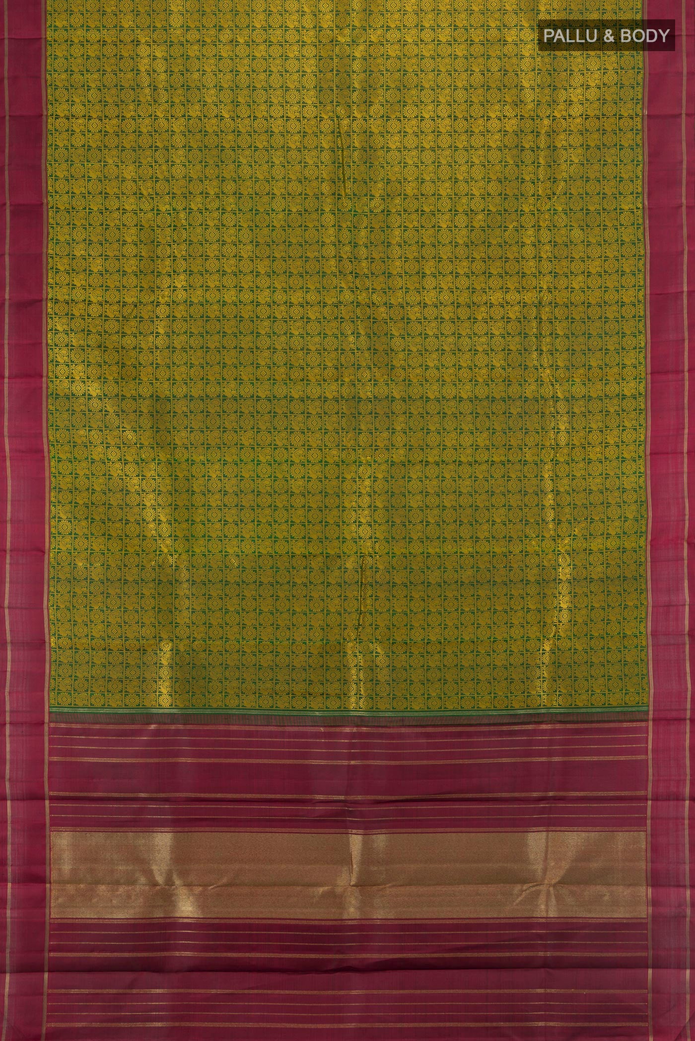 Flat view of Pure Silk Pure Zari Bottle Green Kanchipuram Saree with Jacquard With Thread Butta on the body and Plain Border. 