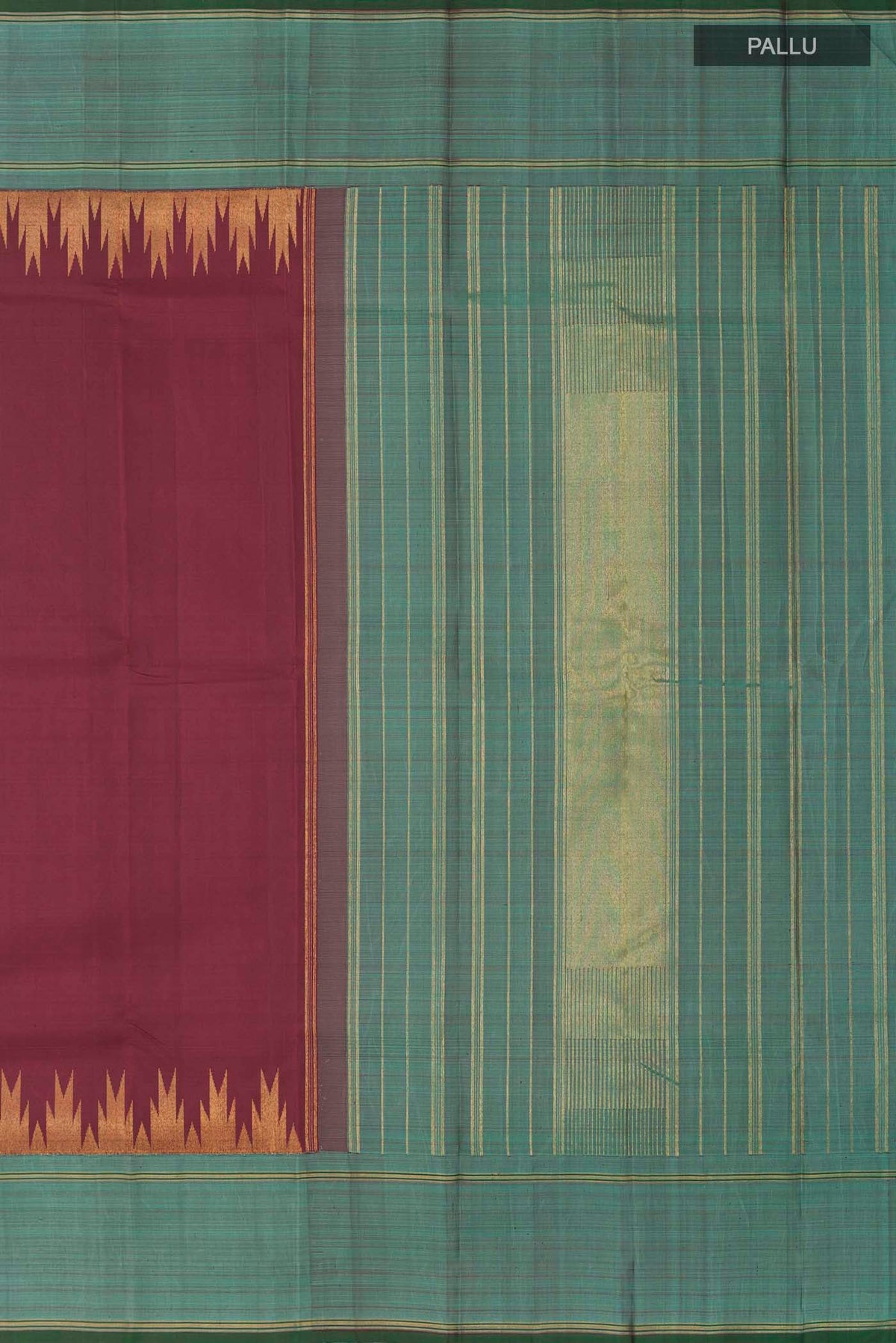 Close up image of the pallu of Maroon Kanchipuram Silk Saree with Plain Body and Zari Border