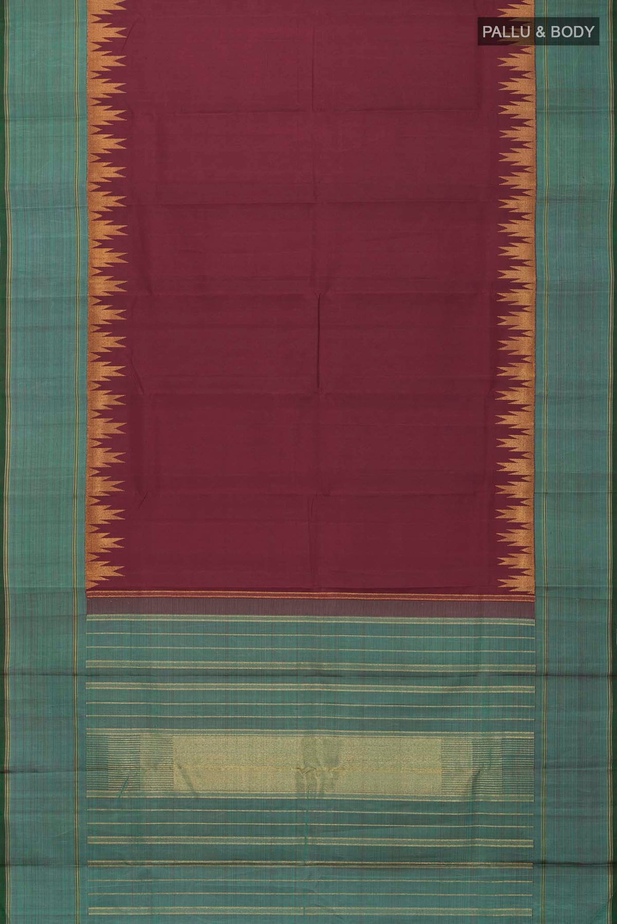 Flat view of Maroon Kanchipuram Silk Saree with Plain Body and Zari Border