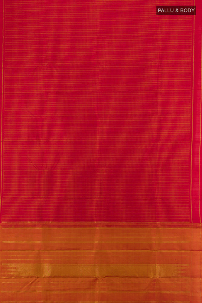Flat view of Red Kanjivaram Silk Saree with Zari Butta on the body and Silk Border. 