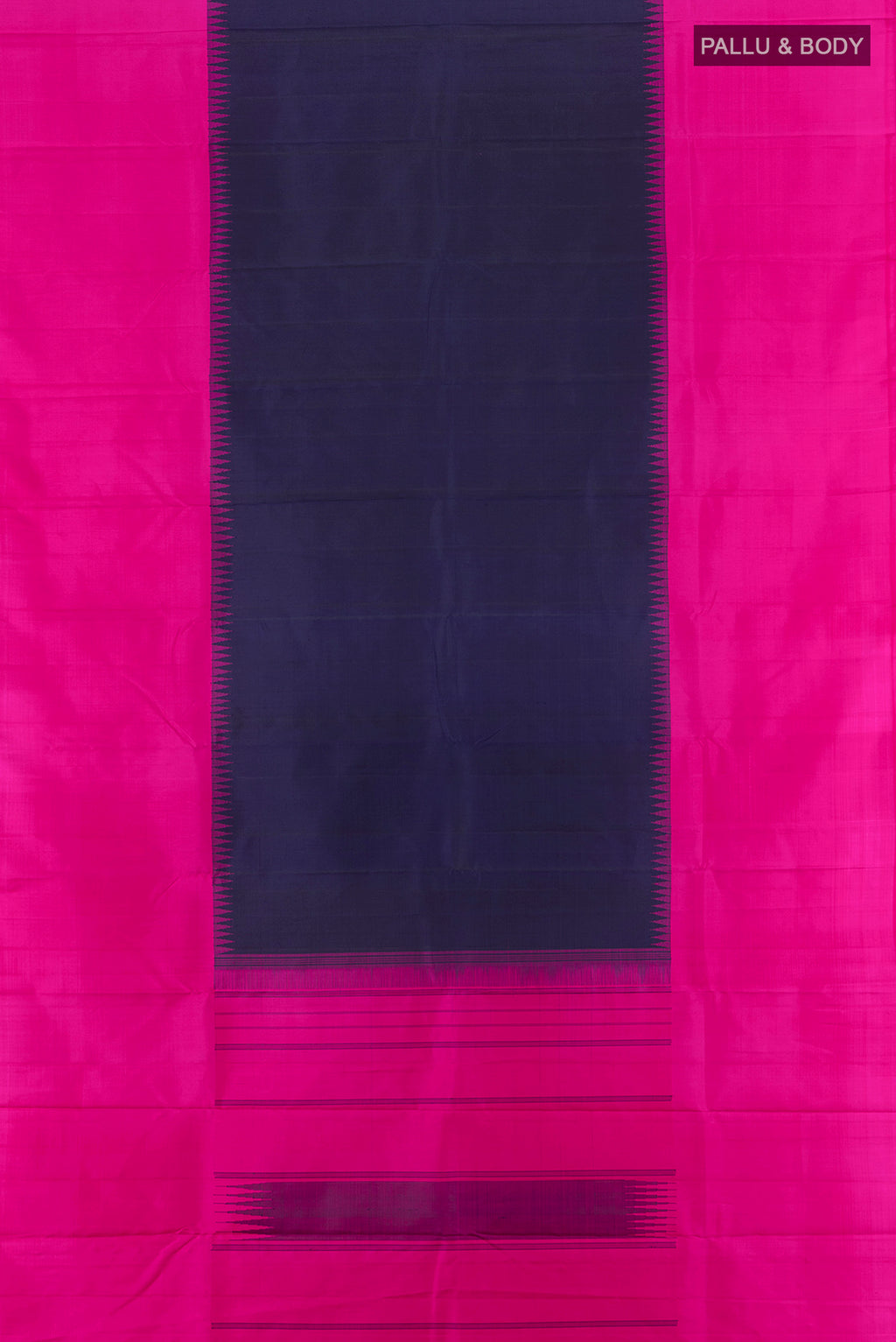 Flat view of Navy Blue Kanchipuram Silk Saree with Plain Body and Silk Border. 